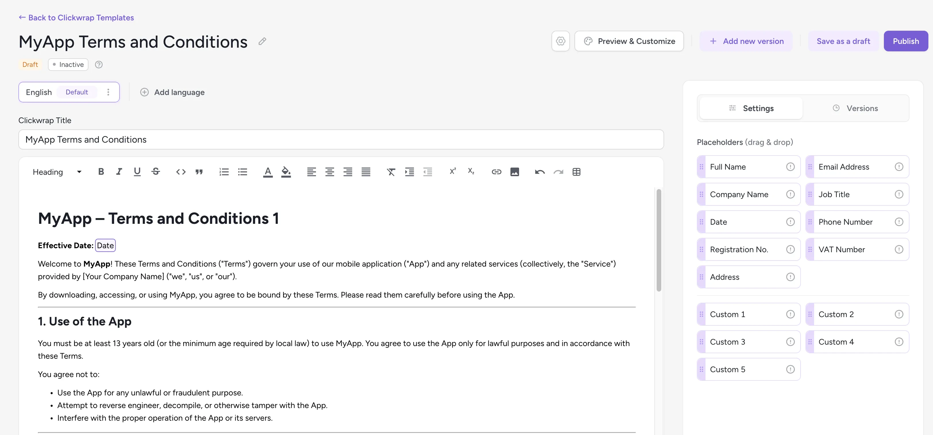 Template editor showing placeholder tokens available for clickwrap content
