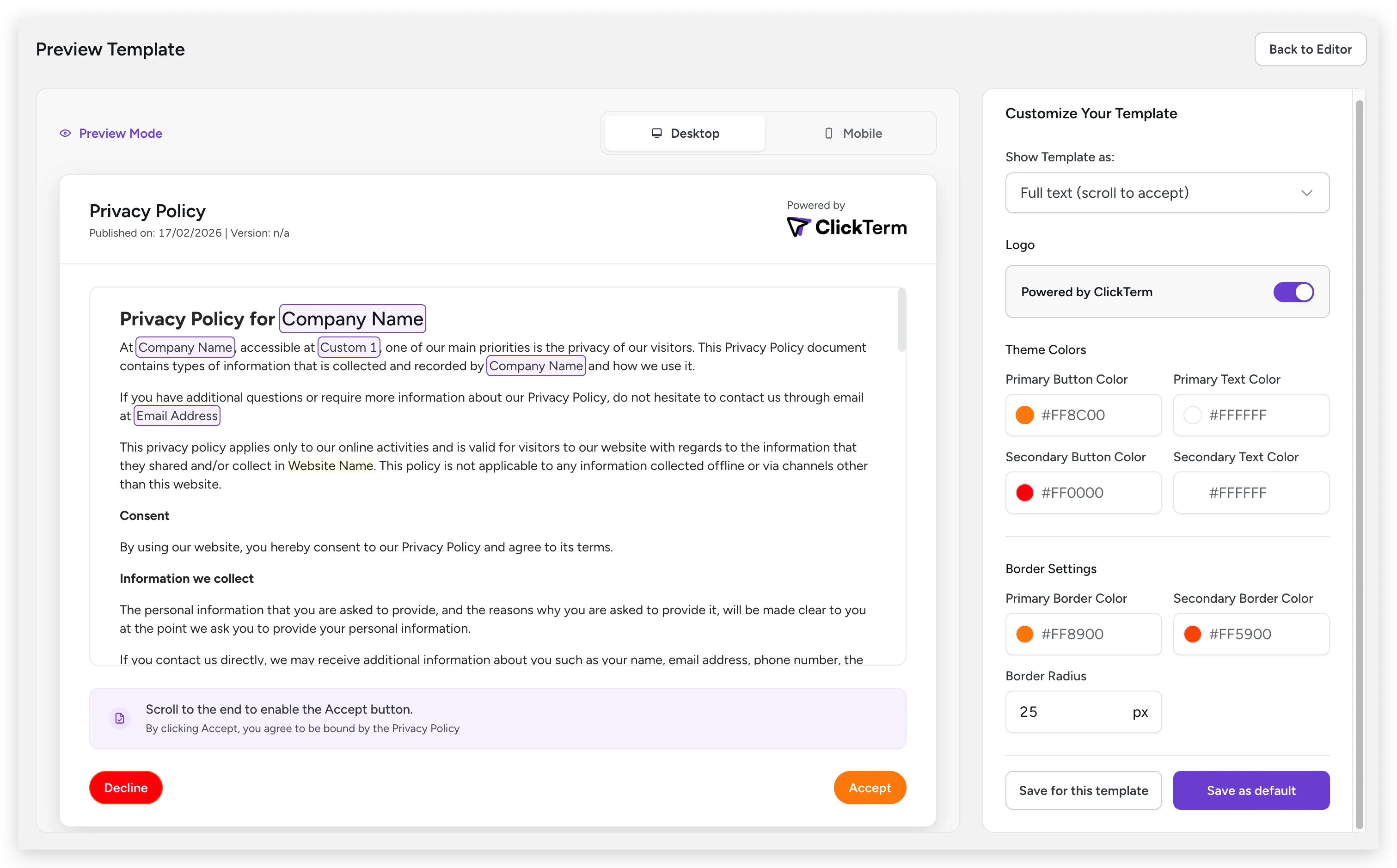Split-panel customization screen with live preview on left and options on right