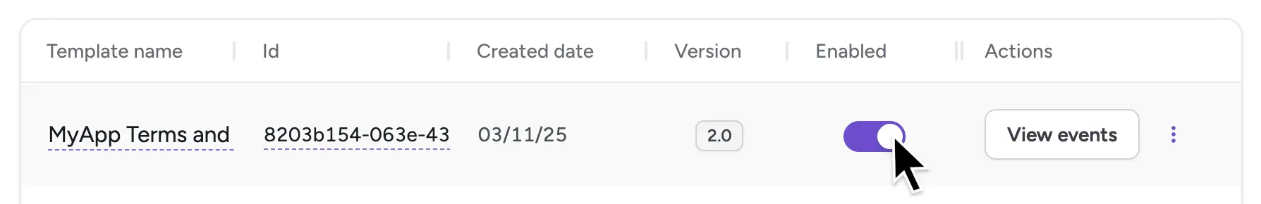 Templates list highlighting the enable toggle for a template