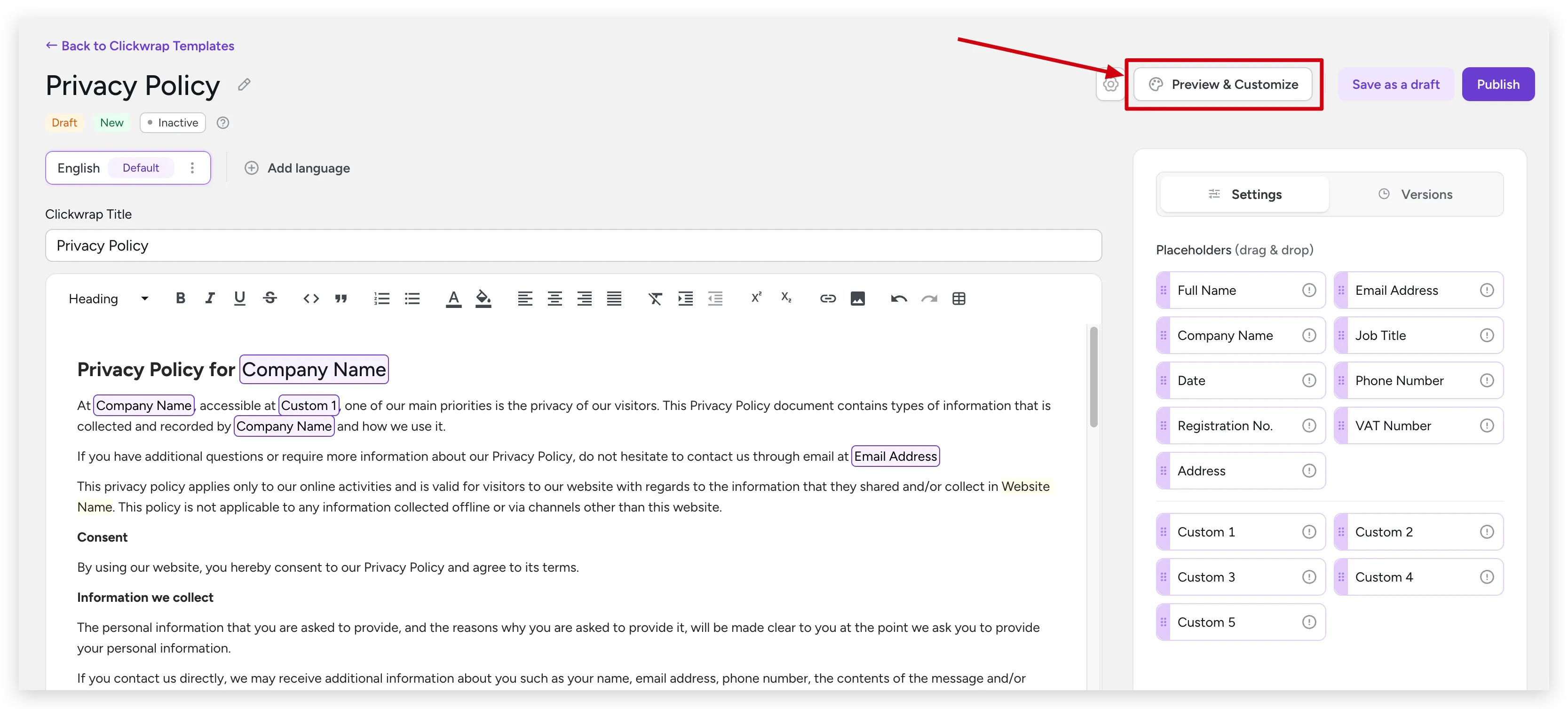 Preview & Customize button in the template settings