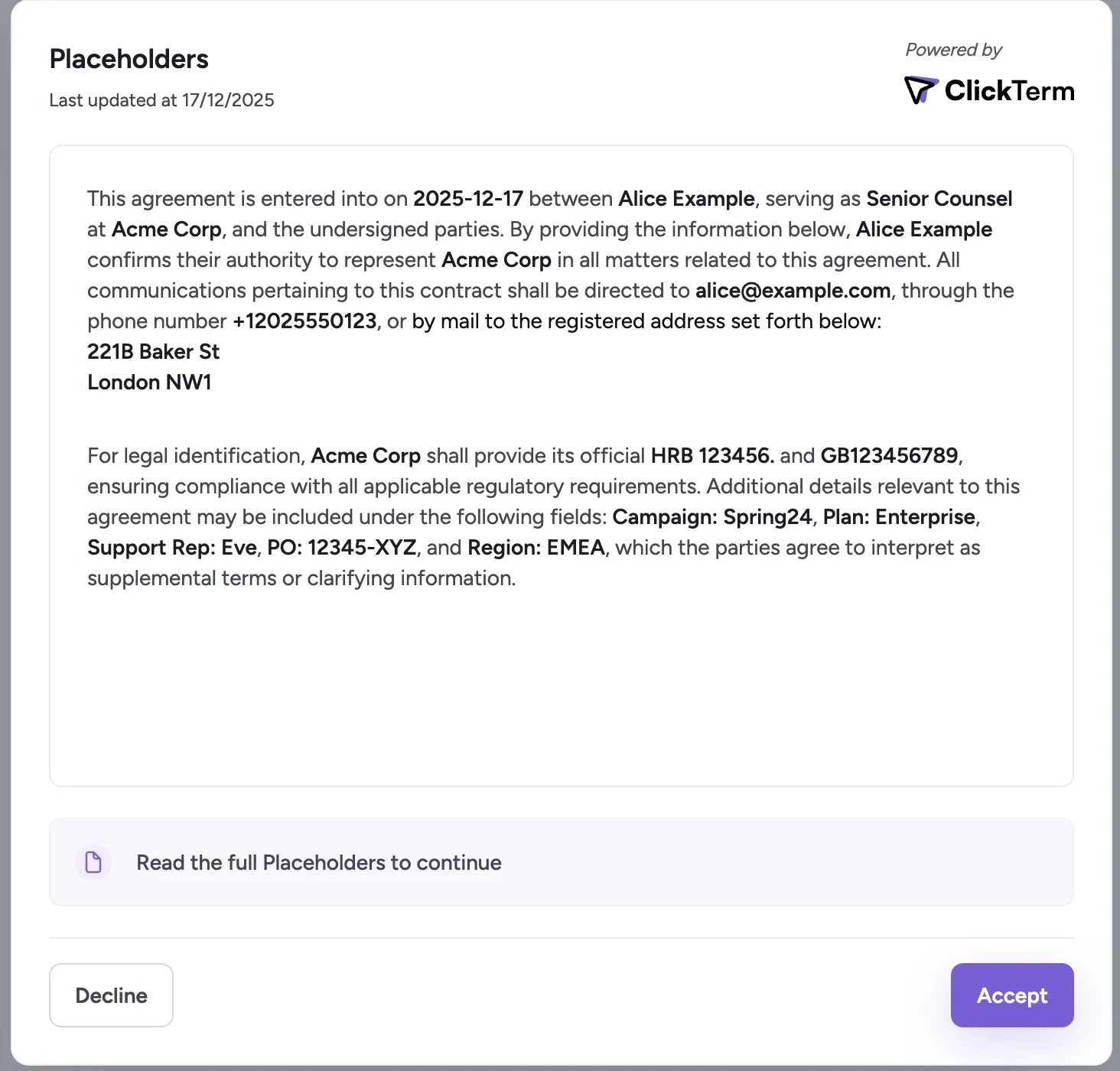 Rendered clickwrap modal showing placeholders replaced with live data