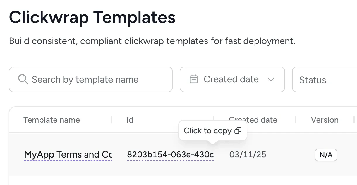 Templates list showing all templates with their statuses