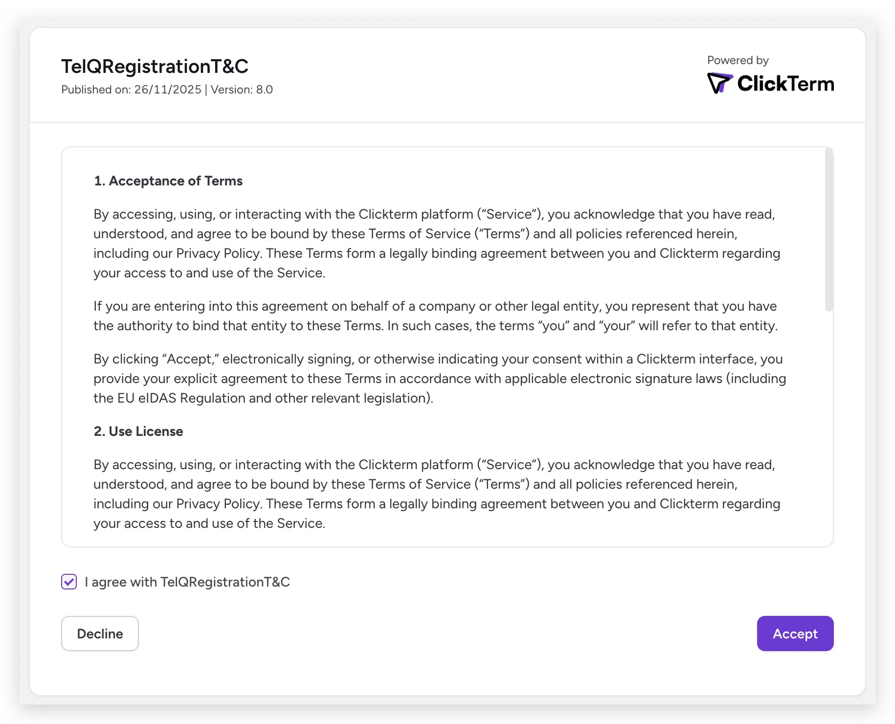 Sample clickwrap dialog displaying a Terms and Conditions agreement