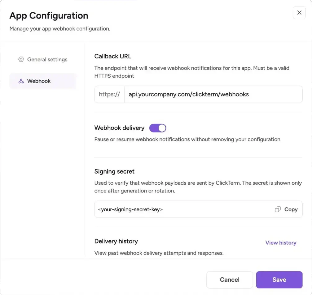Integrations page showing the form to add a new ClickTerm app