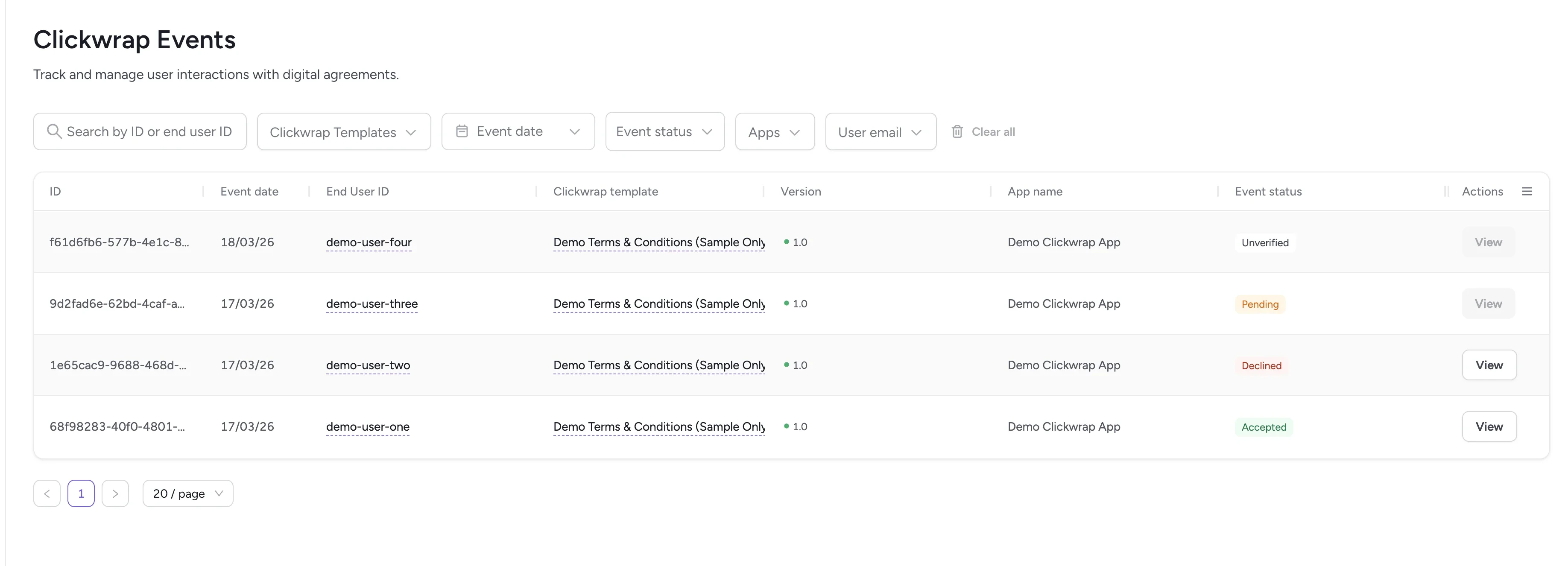 Clickwrap events table