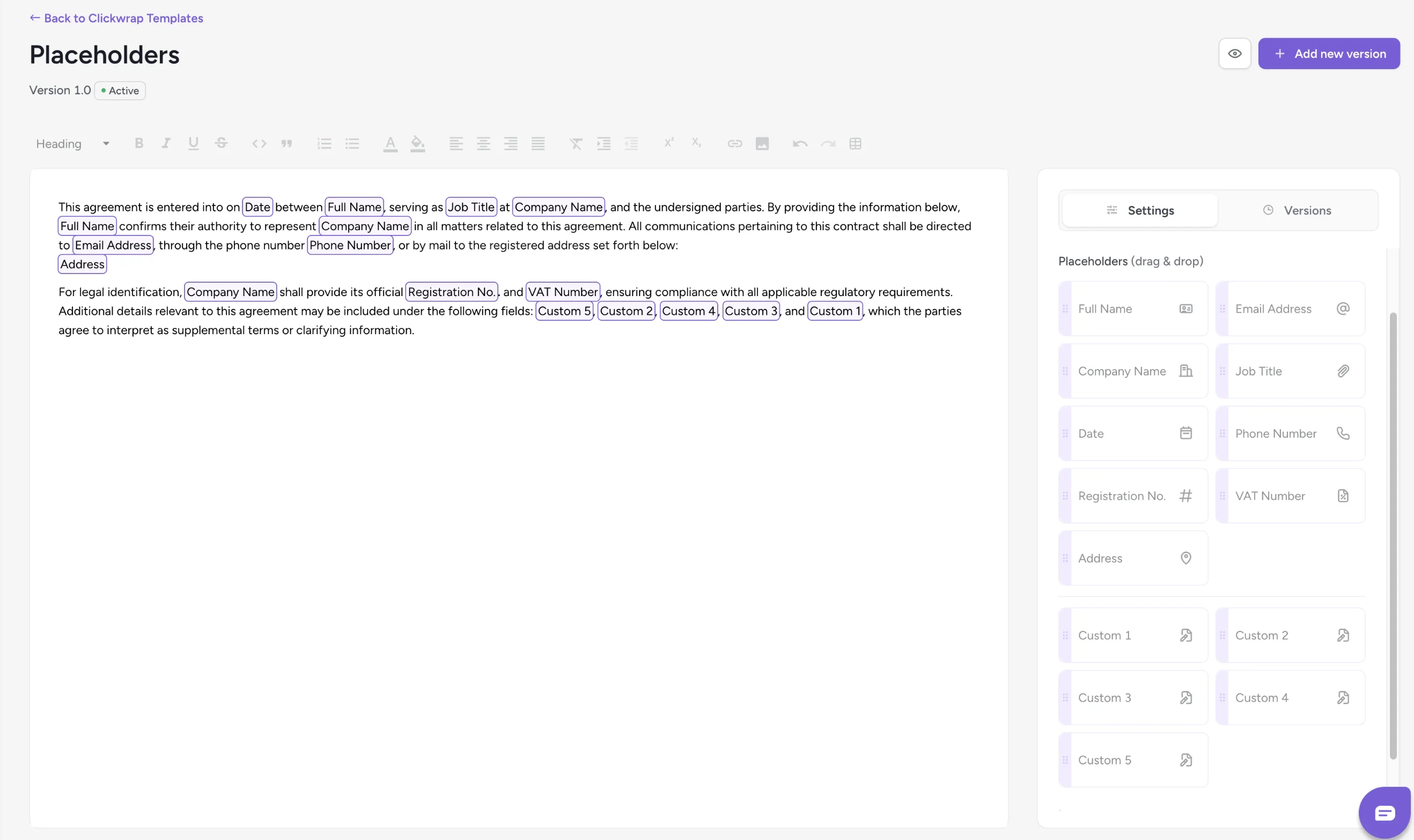 Dragging a placeholder into the editor
