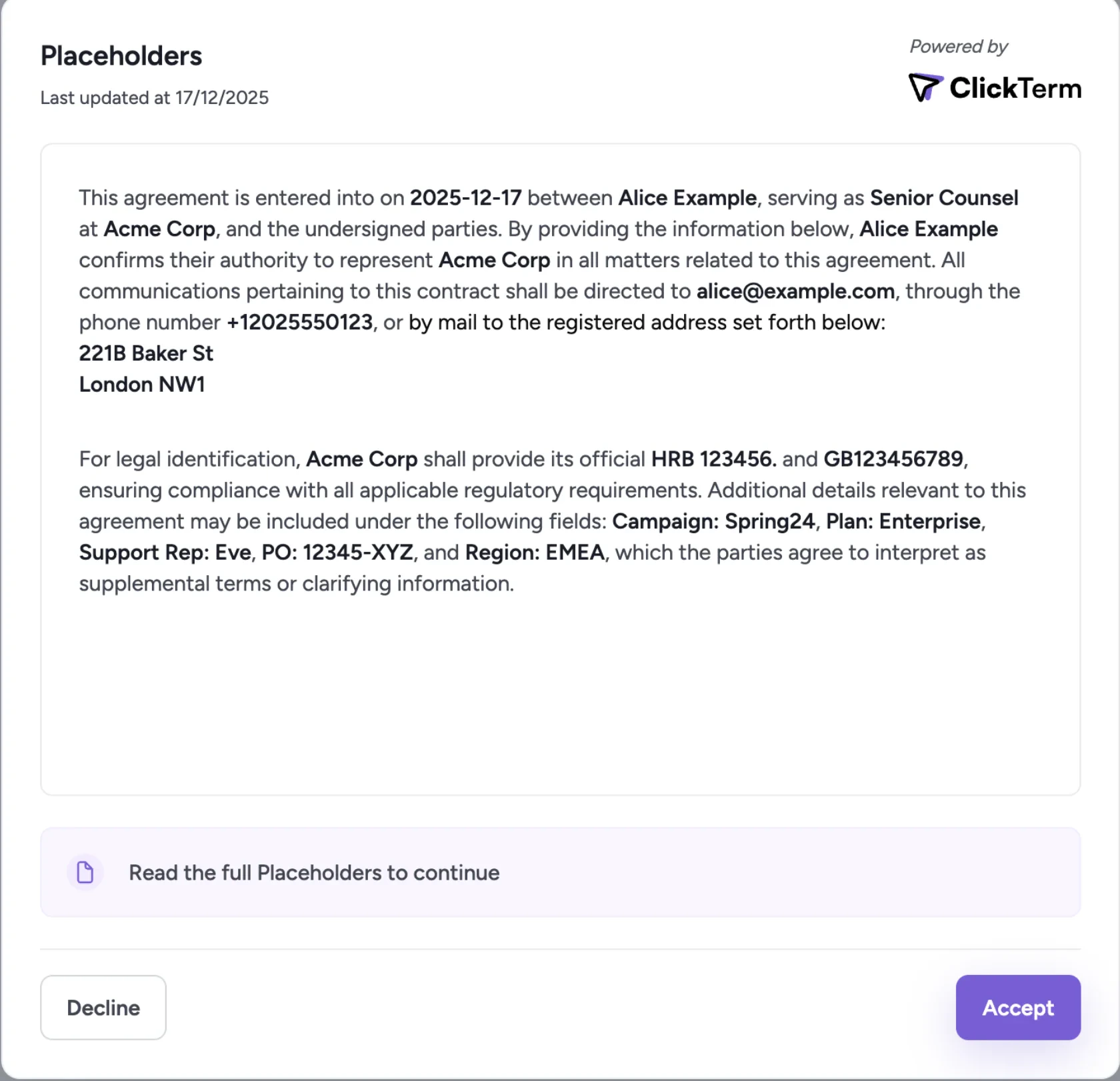 Rendered document with filled placeholders