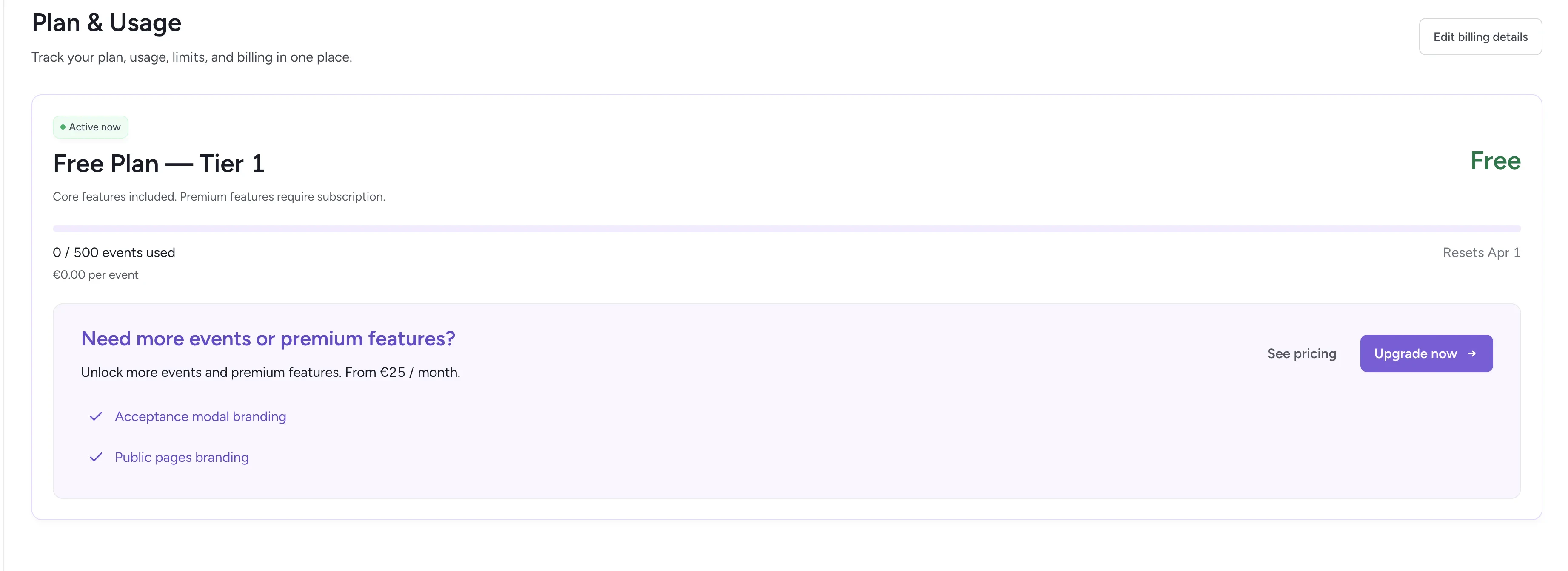 Plan and usage overview