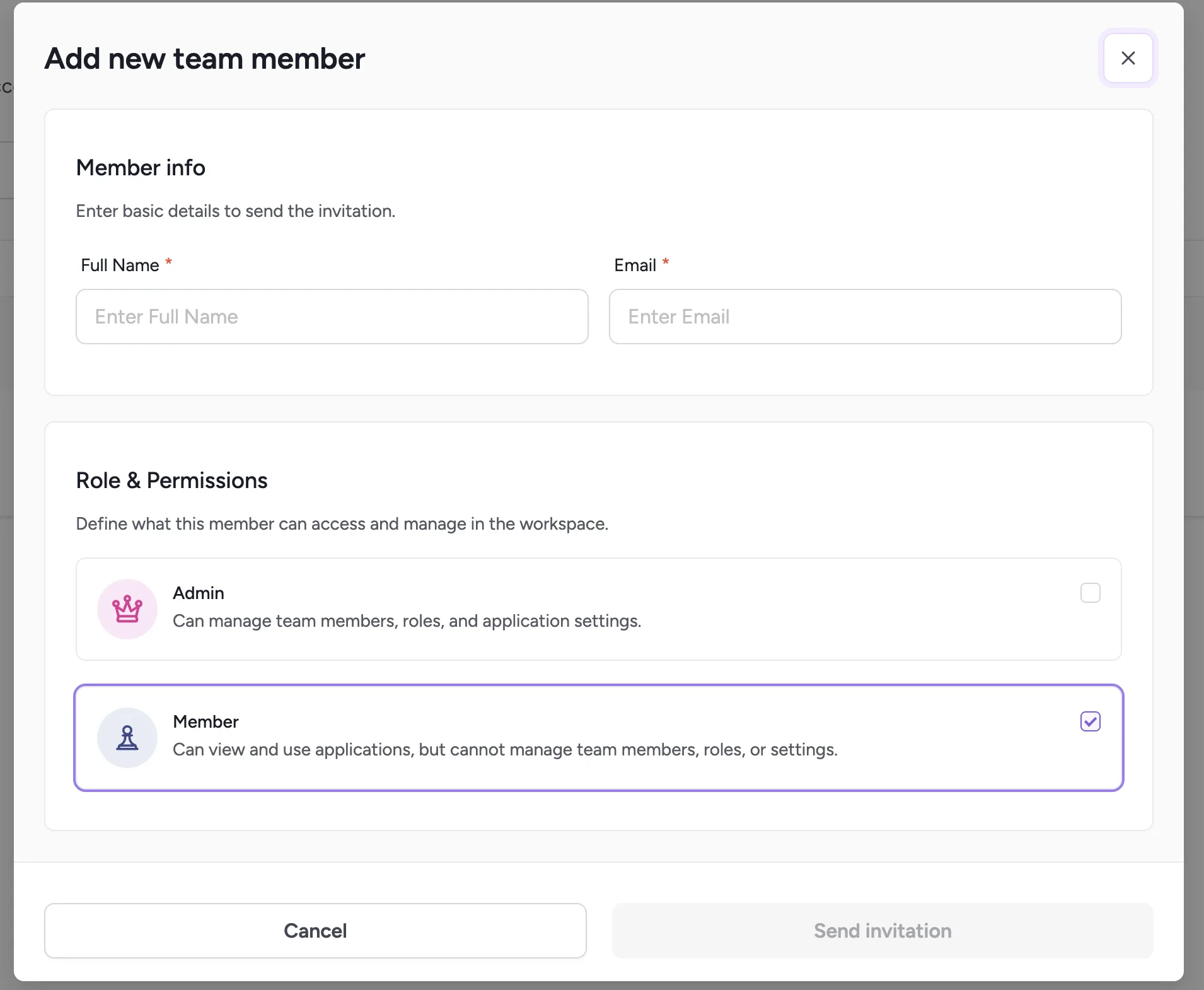 Add new team member dialog