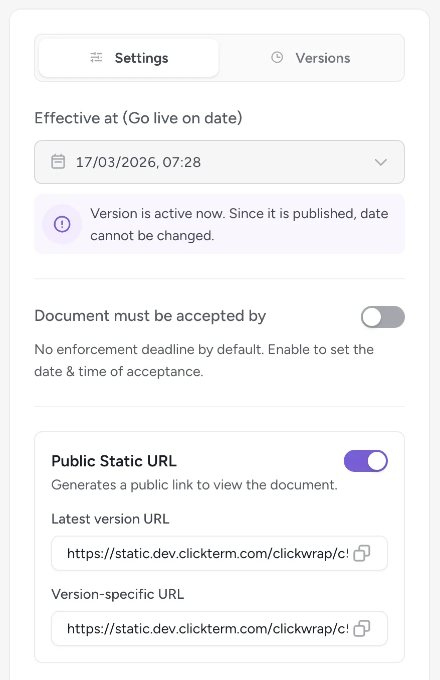 Settings tab — published version