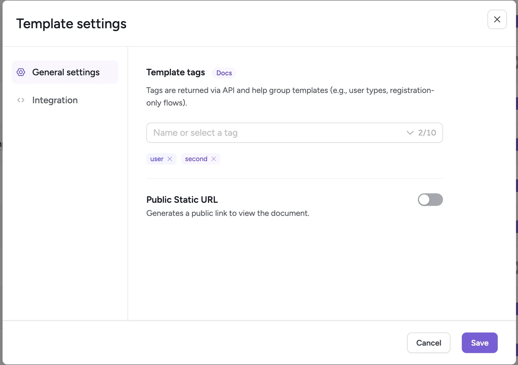 Template settings dialog