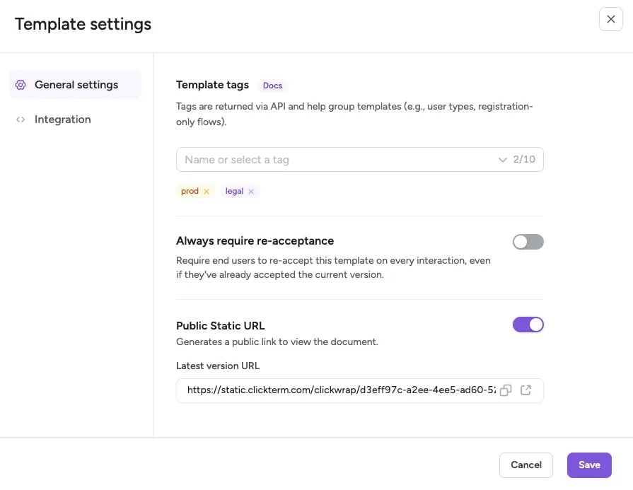 Template settings dialog