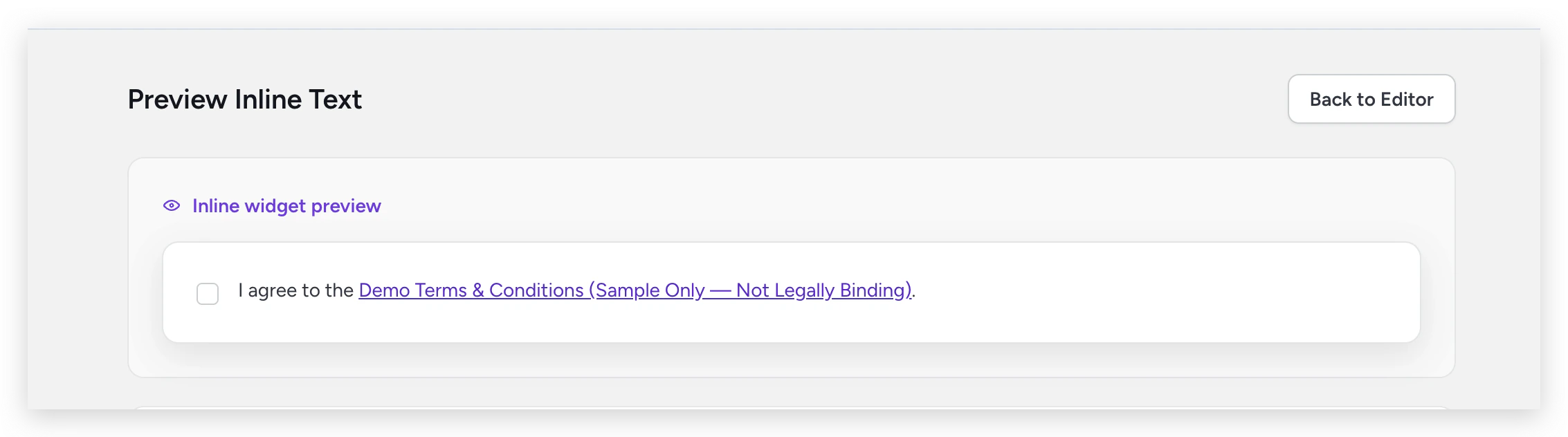 Preview of the inline widget showing a checkbox with agreement text