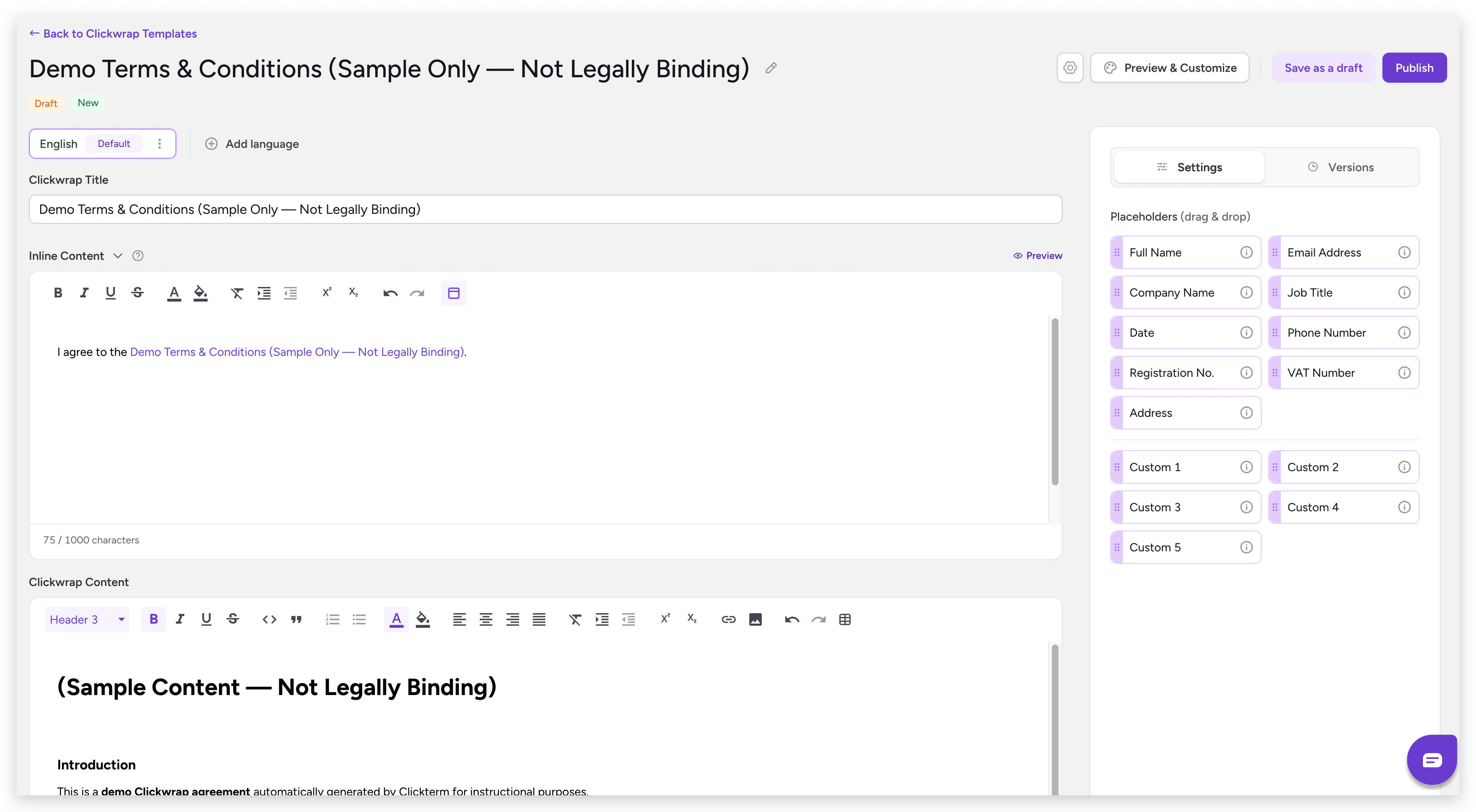 Template editor showing the Inline Content field above the Clickwrap Content editor, with placeholder settings on the right