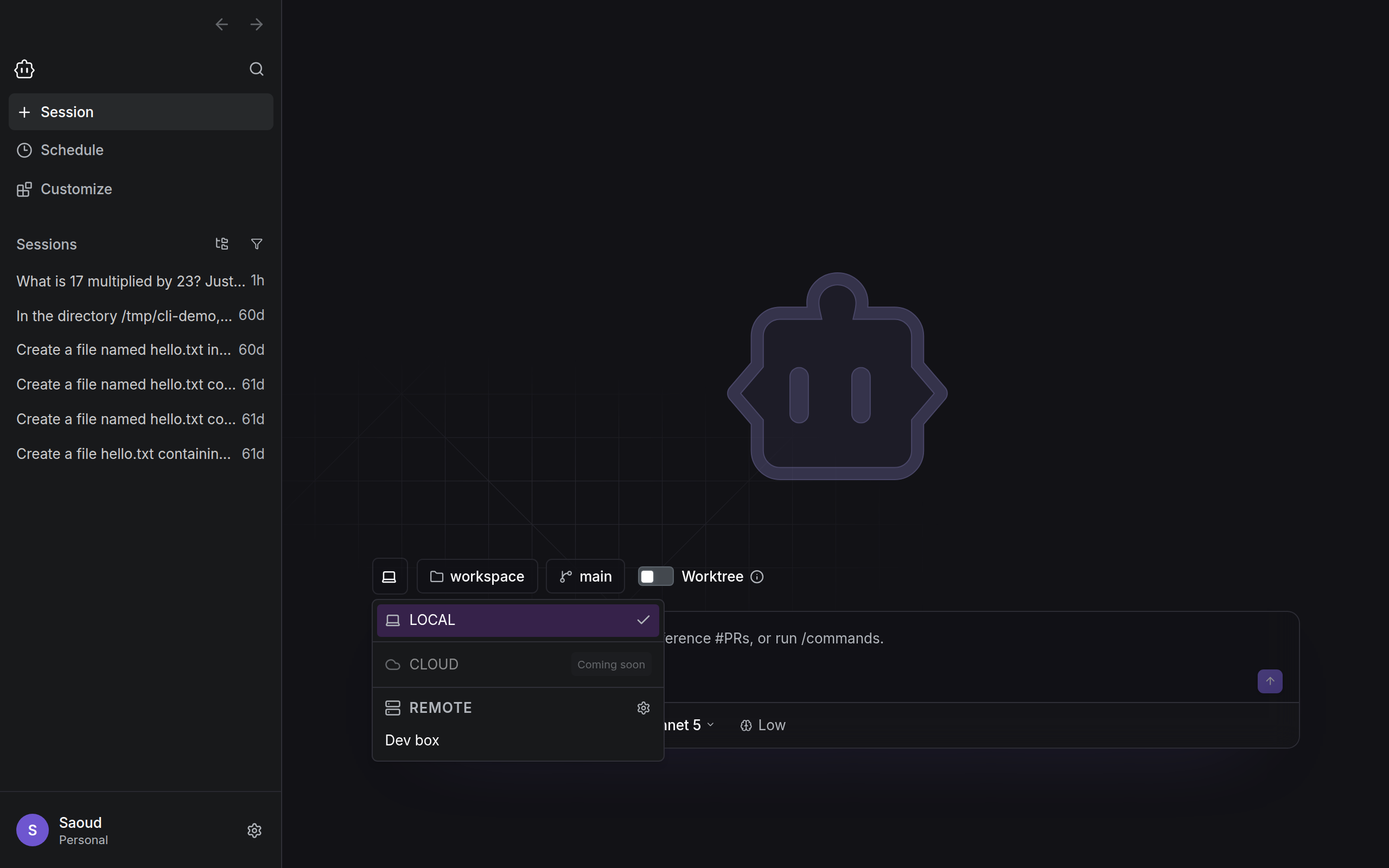 The environment selector in Cline Desktop listing Local, Cloud, and a saved SSH host