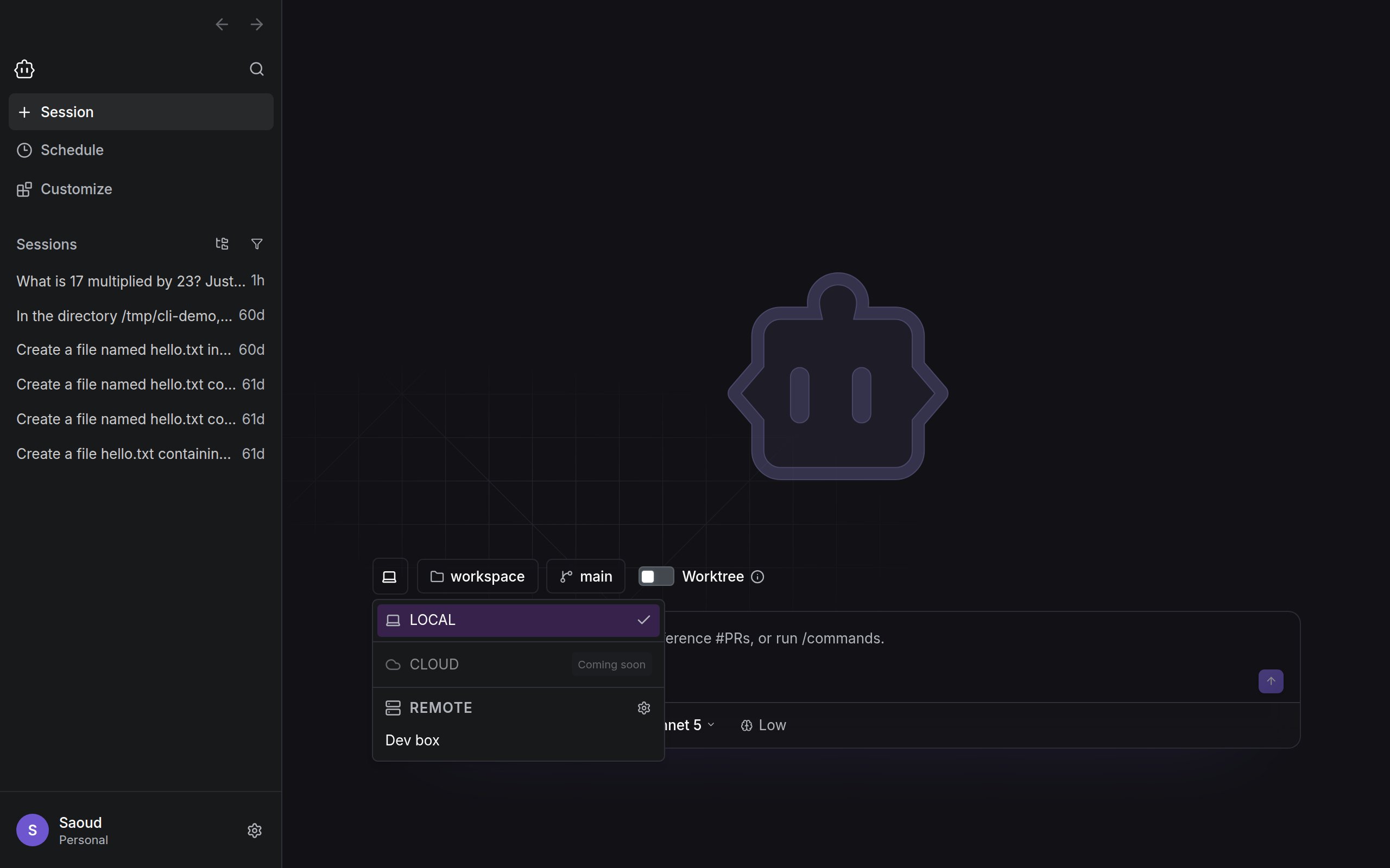 The environment selector in Cline Desktop listing Local, Cloud, and a saved SSH host