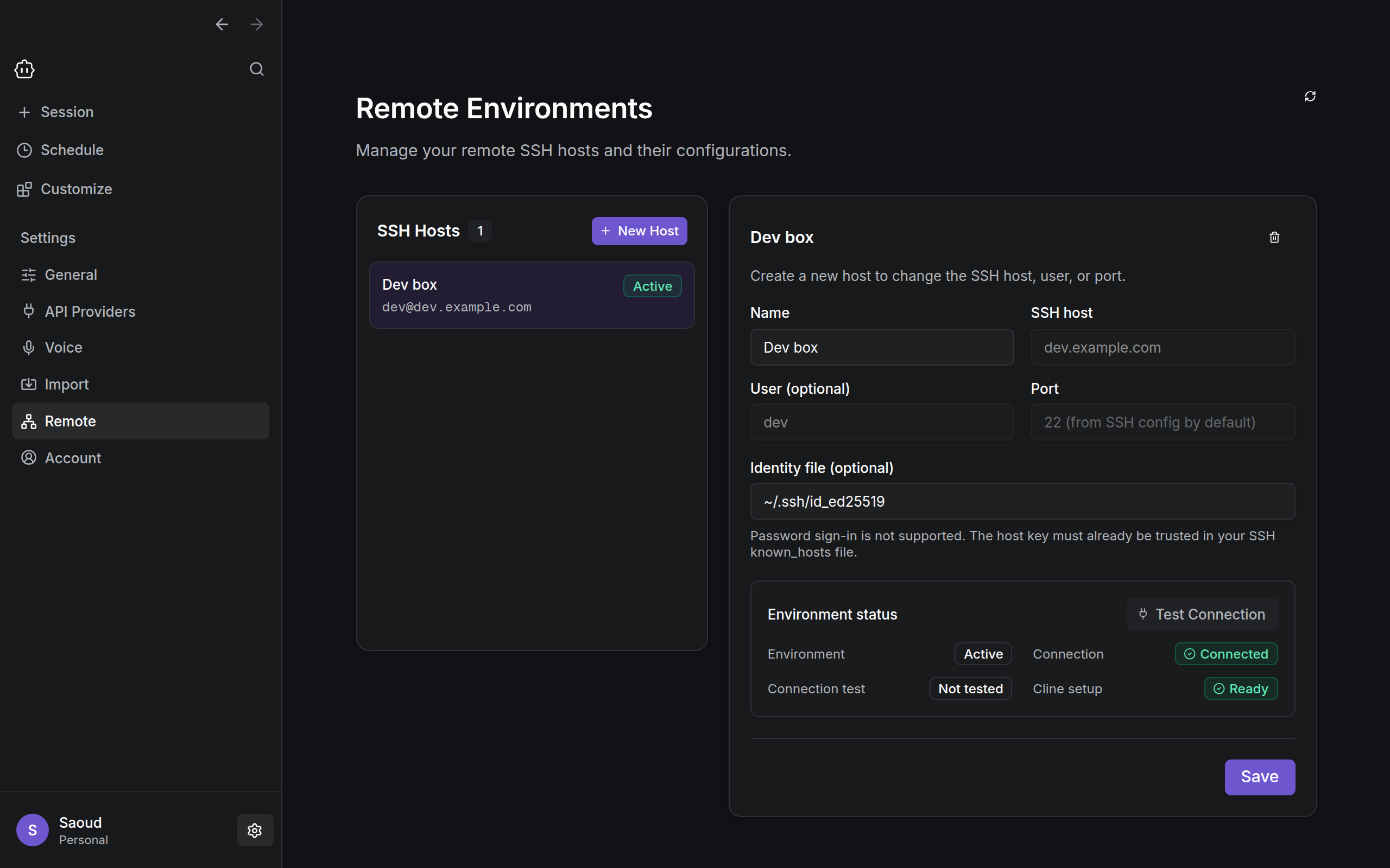 Cline Desktop Remote settings showing a saved host with a passed connection test