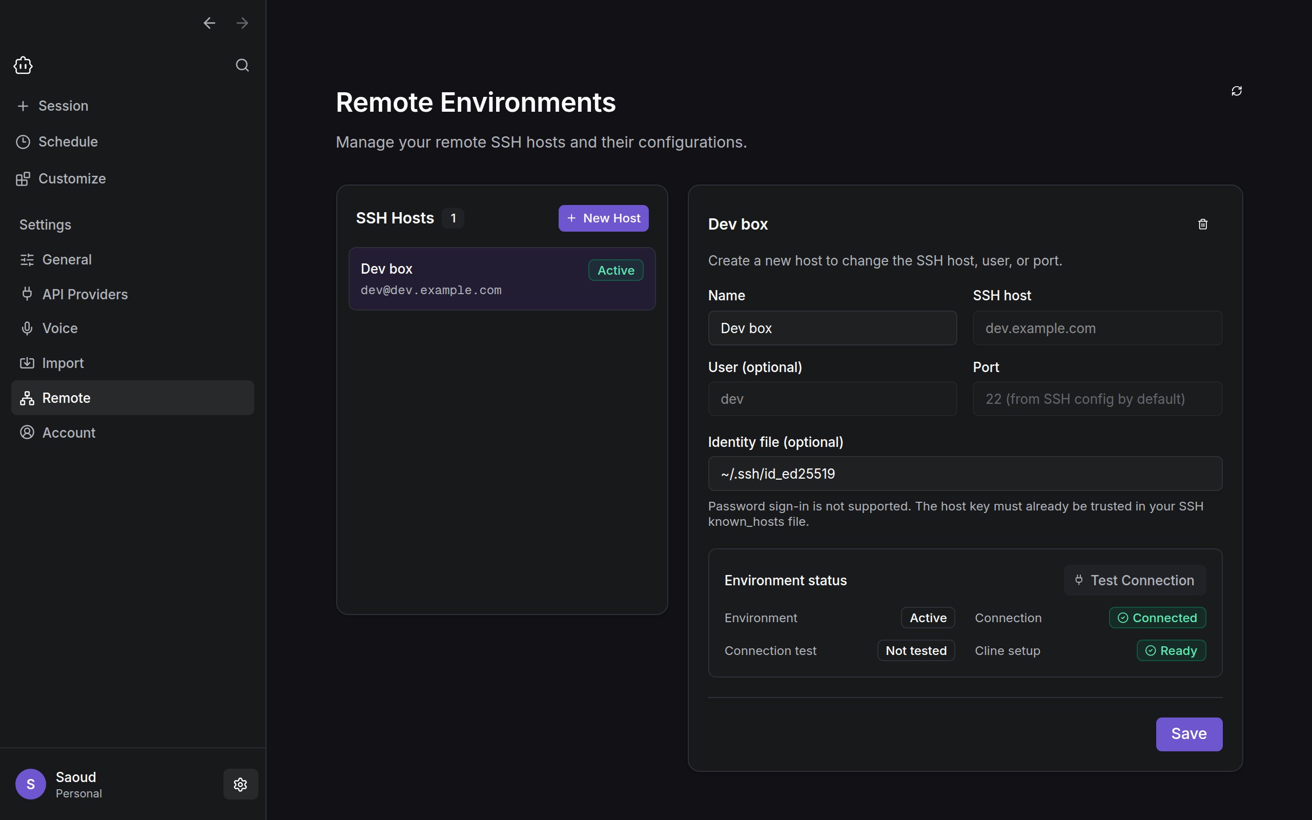 Cline Desktop Remote settings showing a saved host with a passed connection test