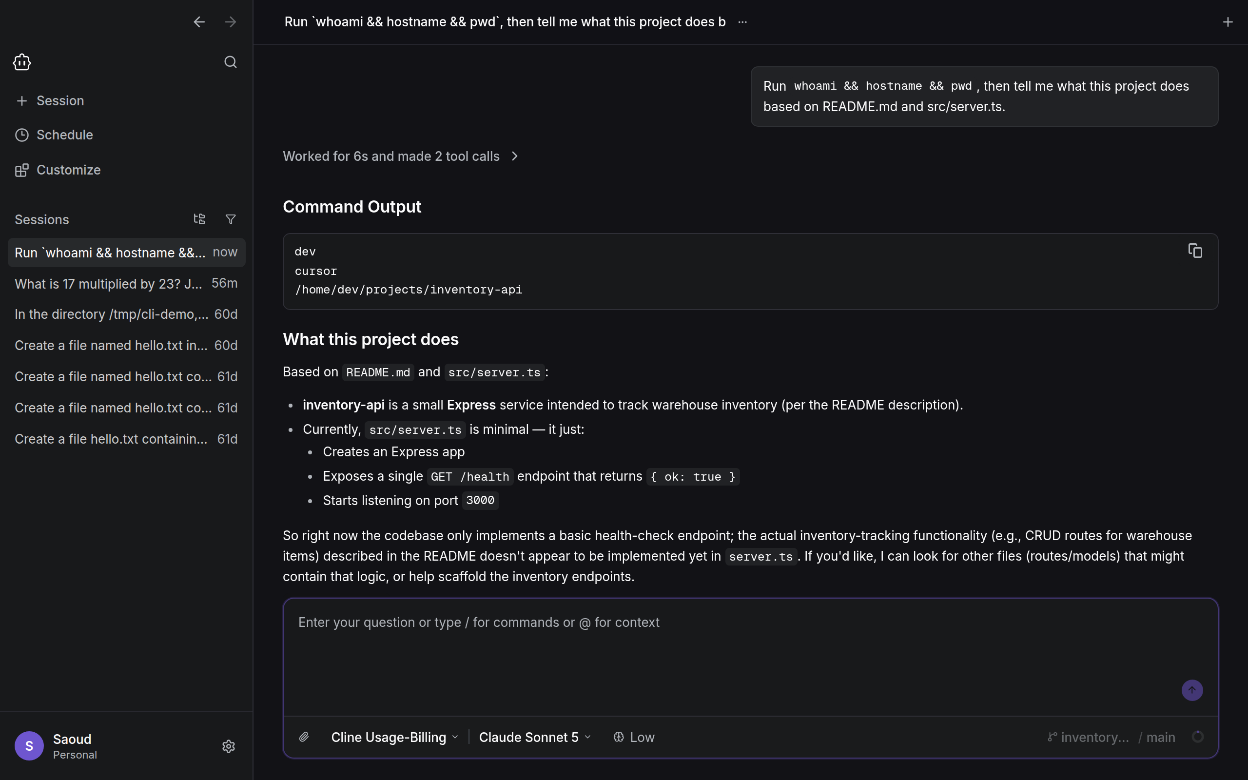 A Cline Desktop session on an SSH host where whoami, hostname, and pwd show the remote account and project directory