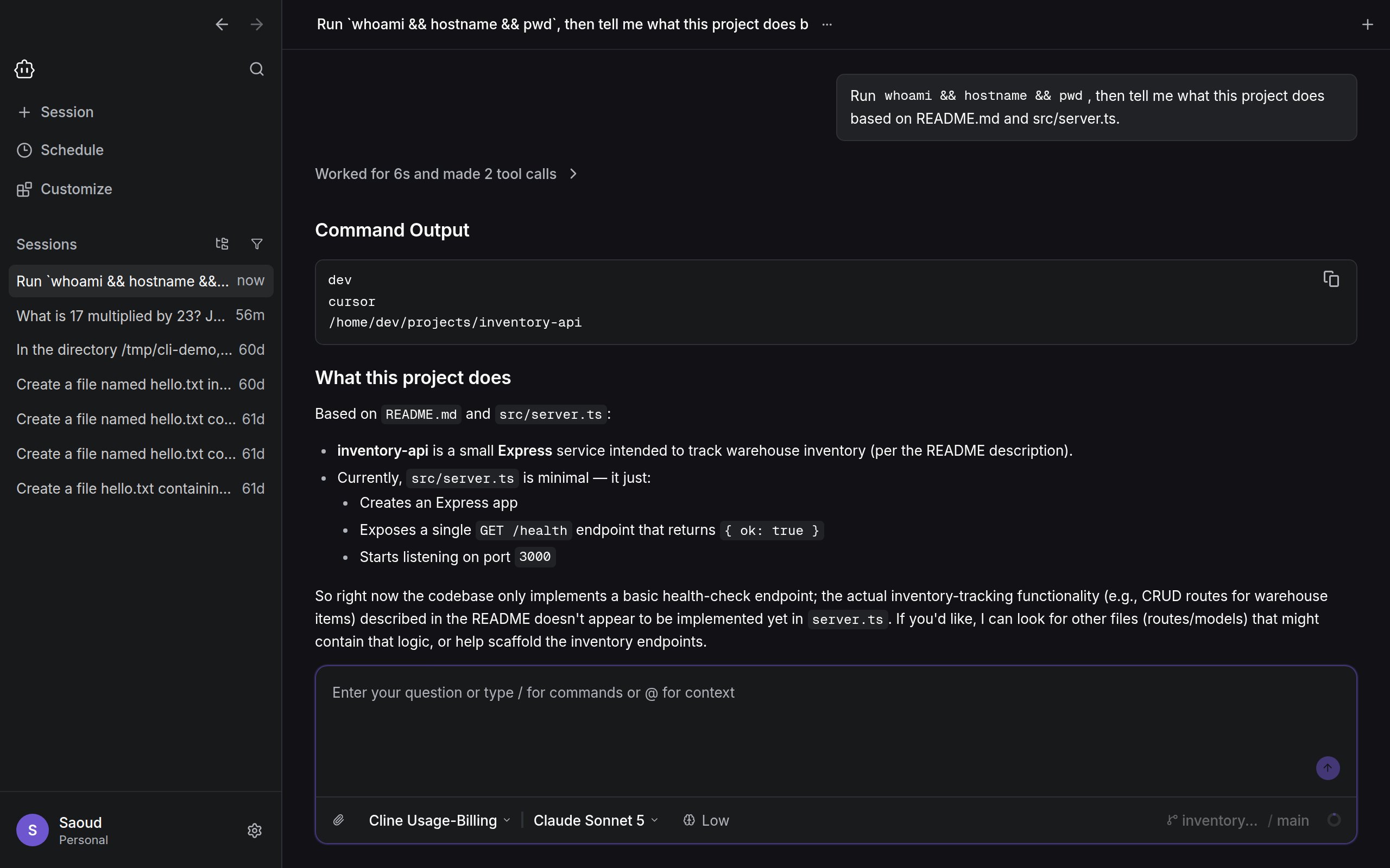A Cline Desktop session on an SSH host where whoami, hostname, and pwd show the remote account and project directory