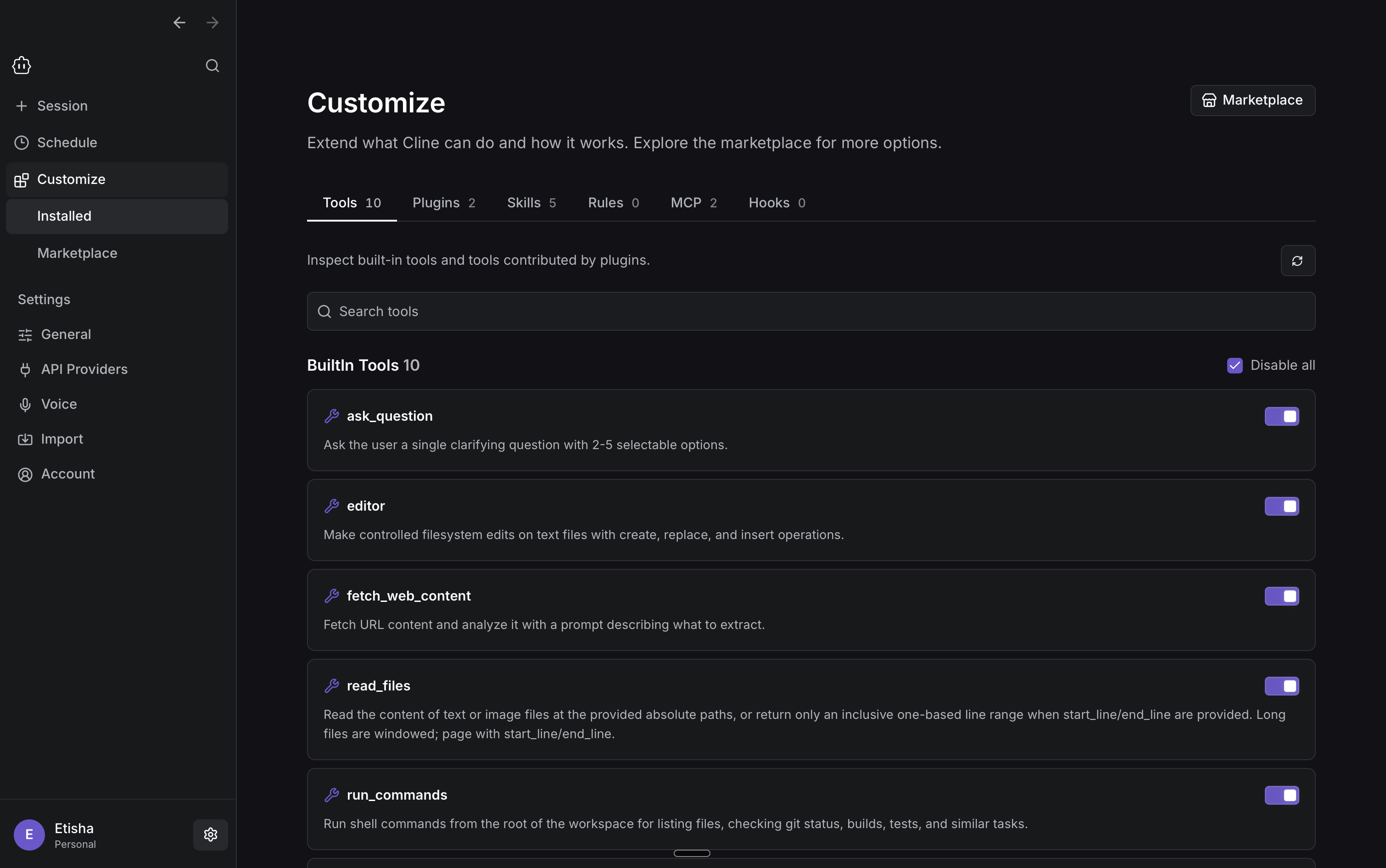 Cline Desktop Customize view showing tools, plugins, skills, rules, MCP servers, and hooks