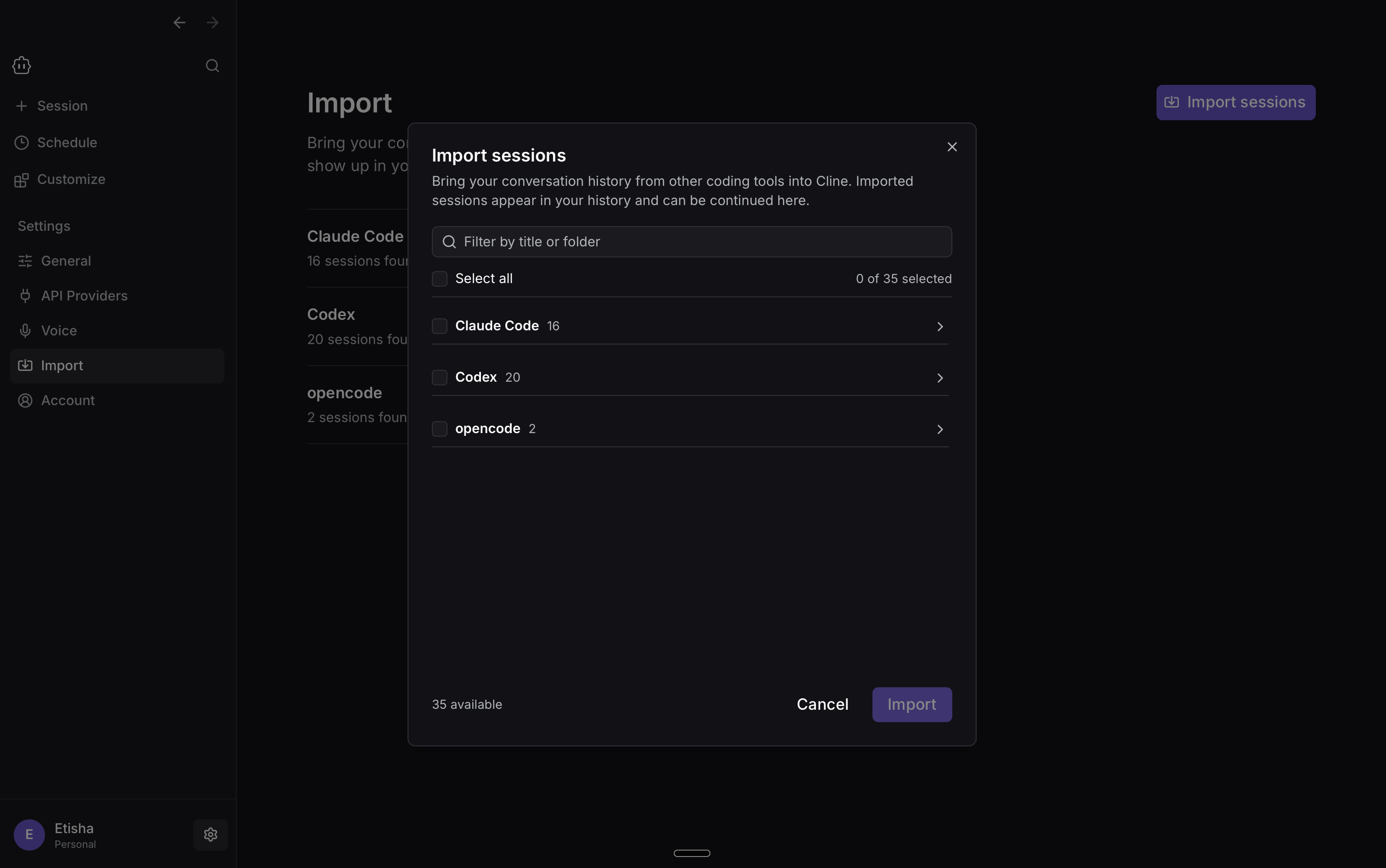 Cline Desktop import workflows screen showing supported conversations available for import