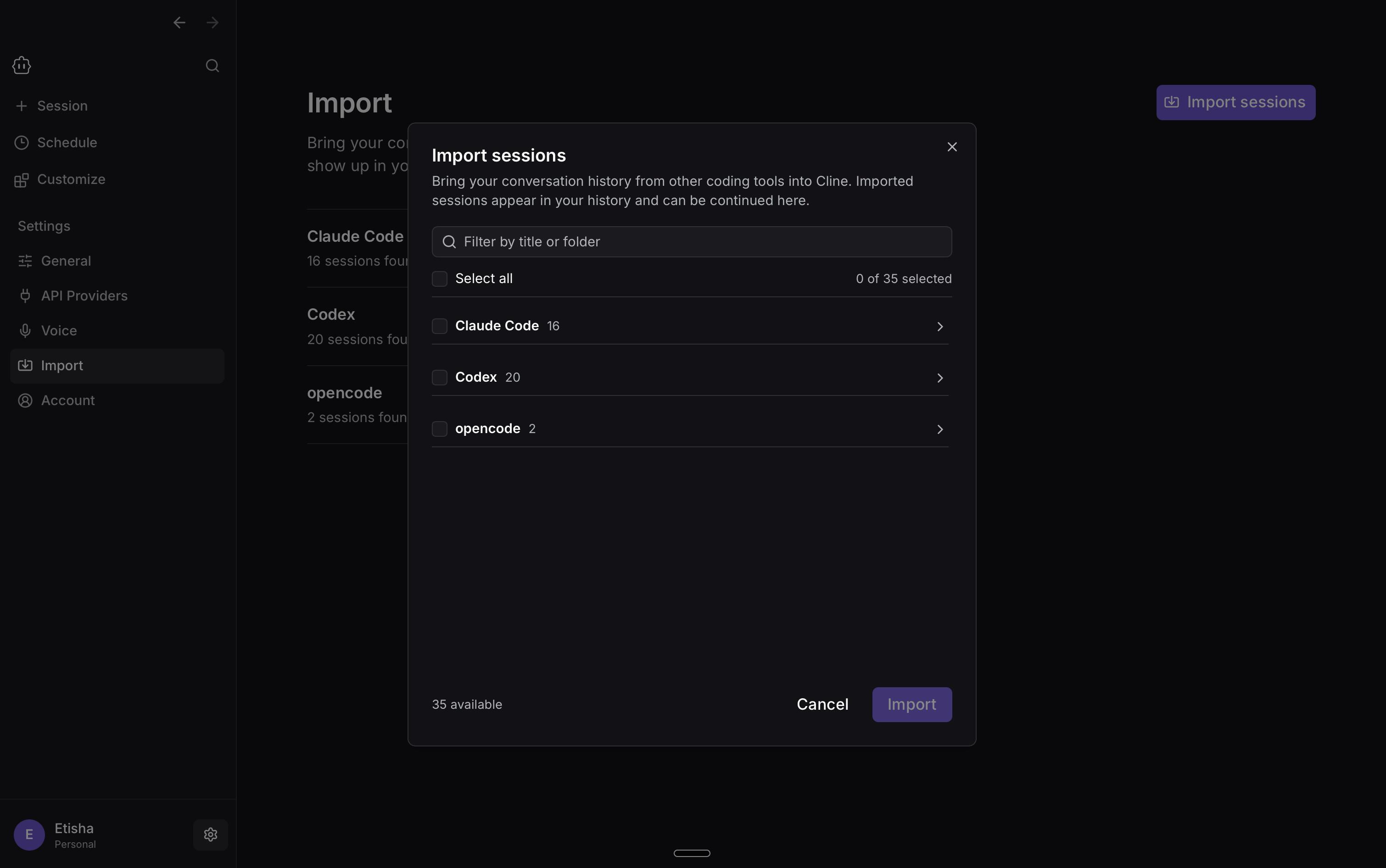 Cline Desktop import workflows screen showing supported conversations available for import