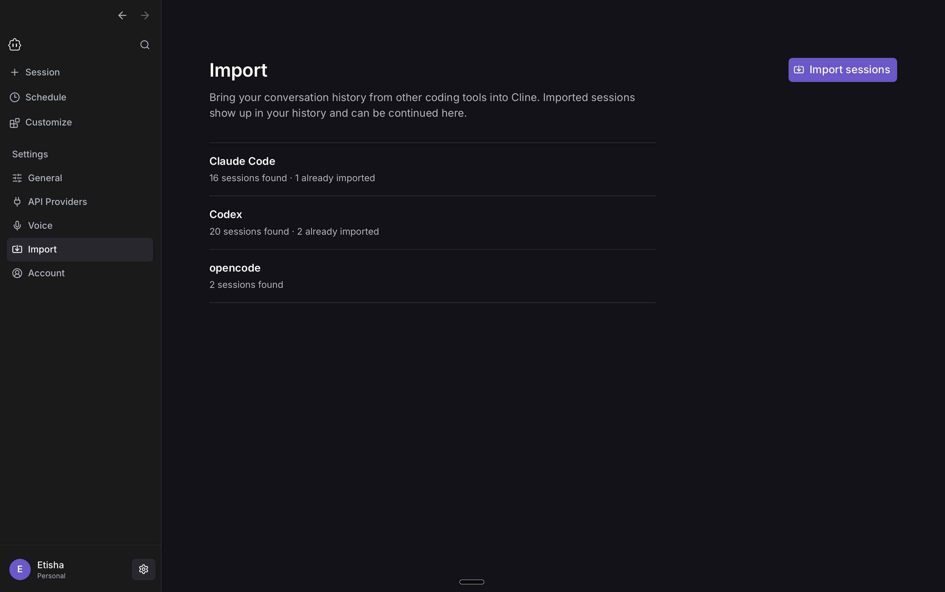 Cline Desktop import workflows screen showing supported conversations available for import