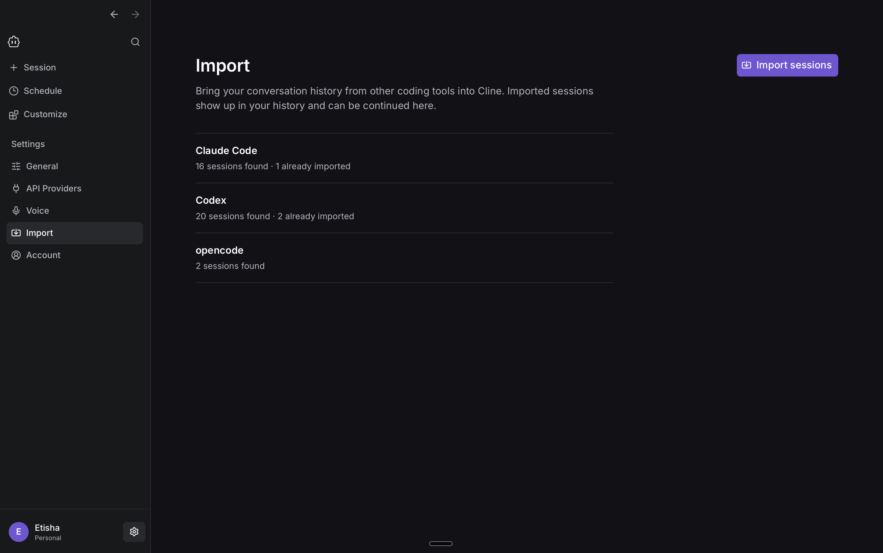 Cline Desktop import workflows screen showing supported conversations available for import