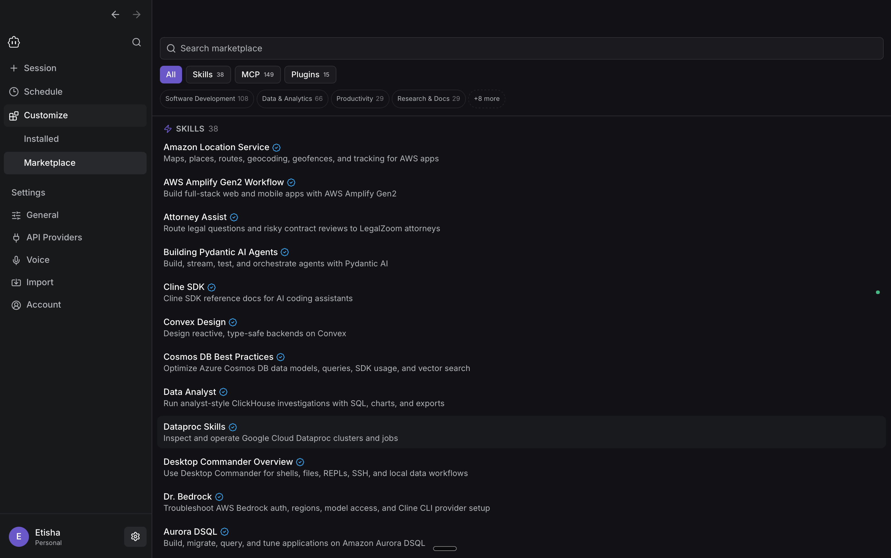Cline Desktop Marketplace showing skills, MCP servers, plugins, search, and category filters