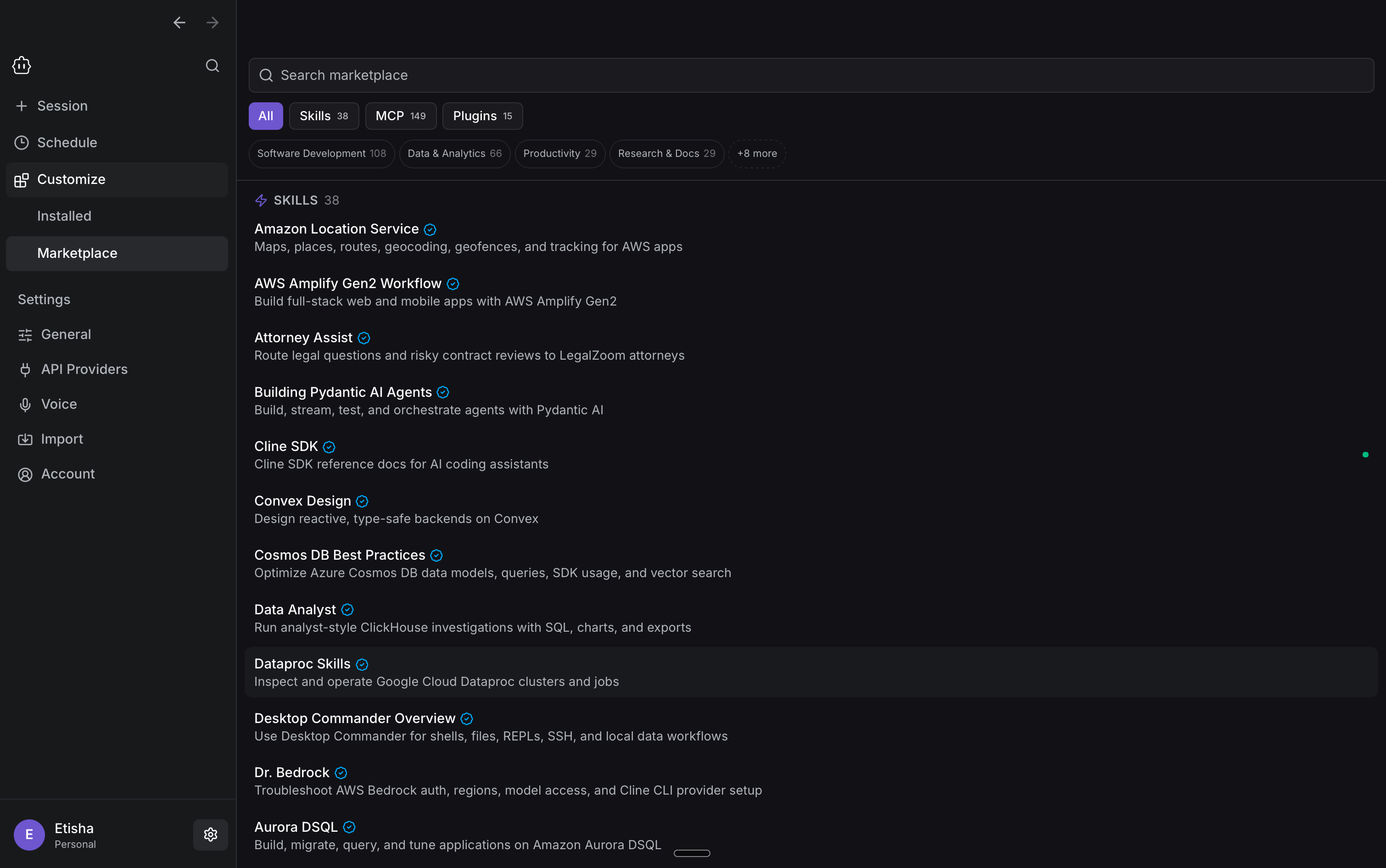 Cline Desktop Marketplace showing skills, MCP servers, plugins, search, and category filters