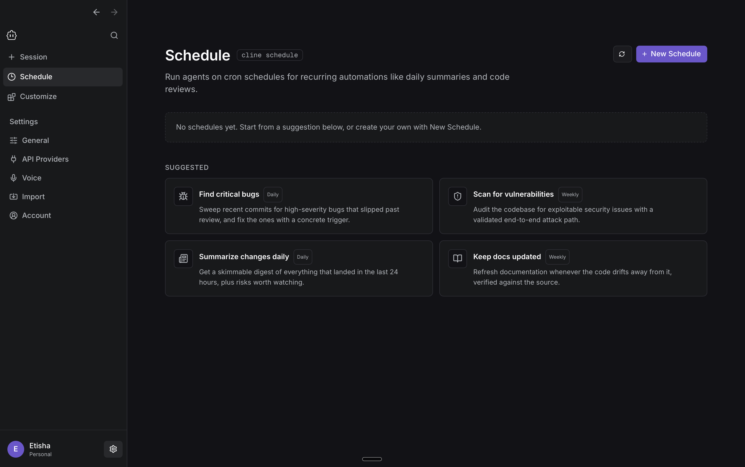 Cline Desktop Schedule page with the New Schedule button