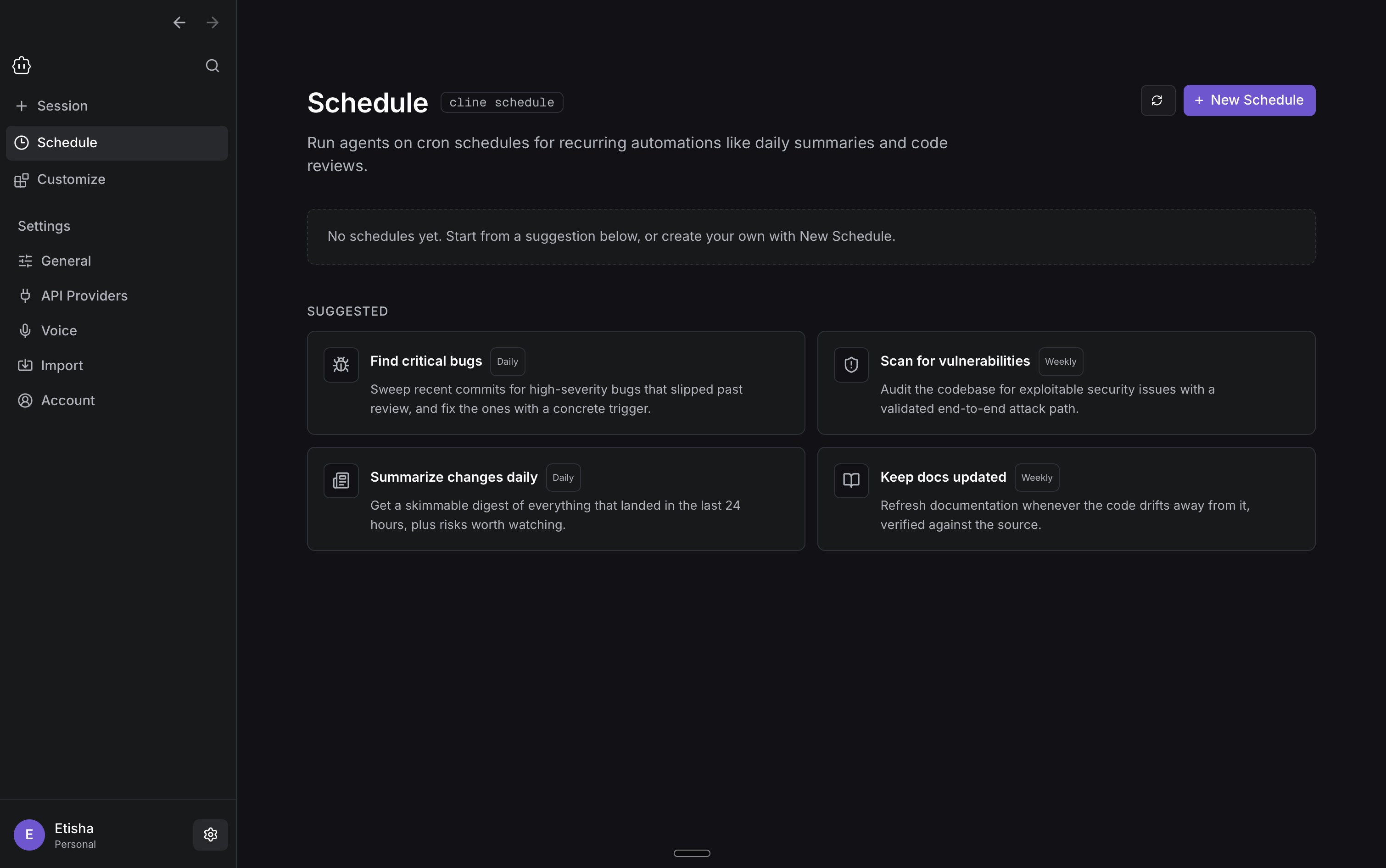 Cline Desktop Schedule page with the New Schedule button