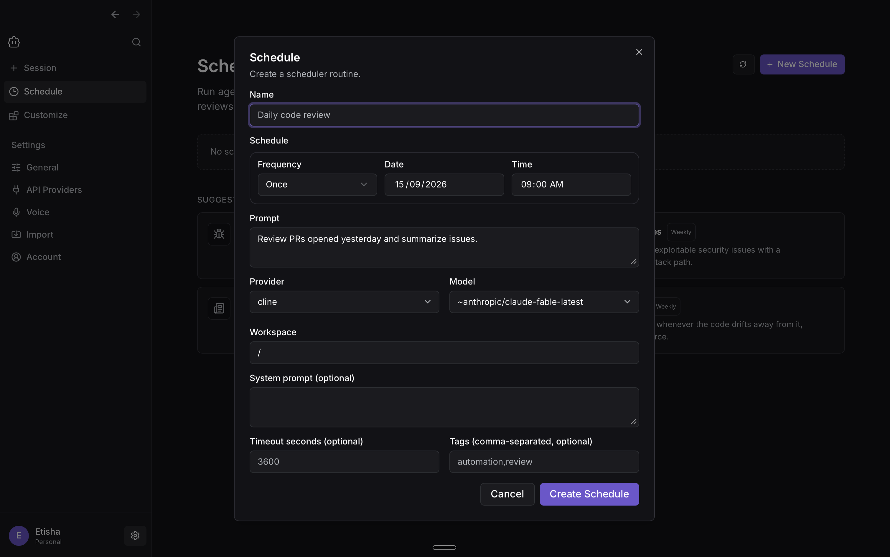 Cline Desktop schedule configuration showing timing, prompt, provider, model, workspace, and optional settings