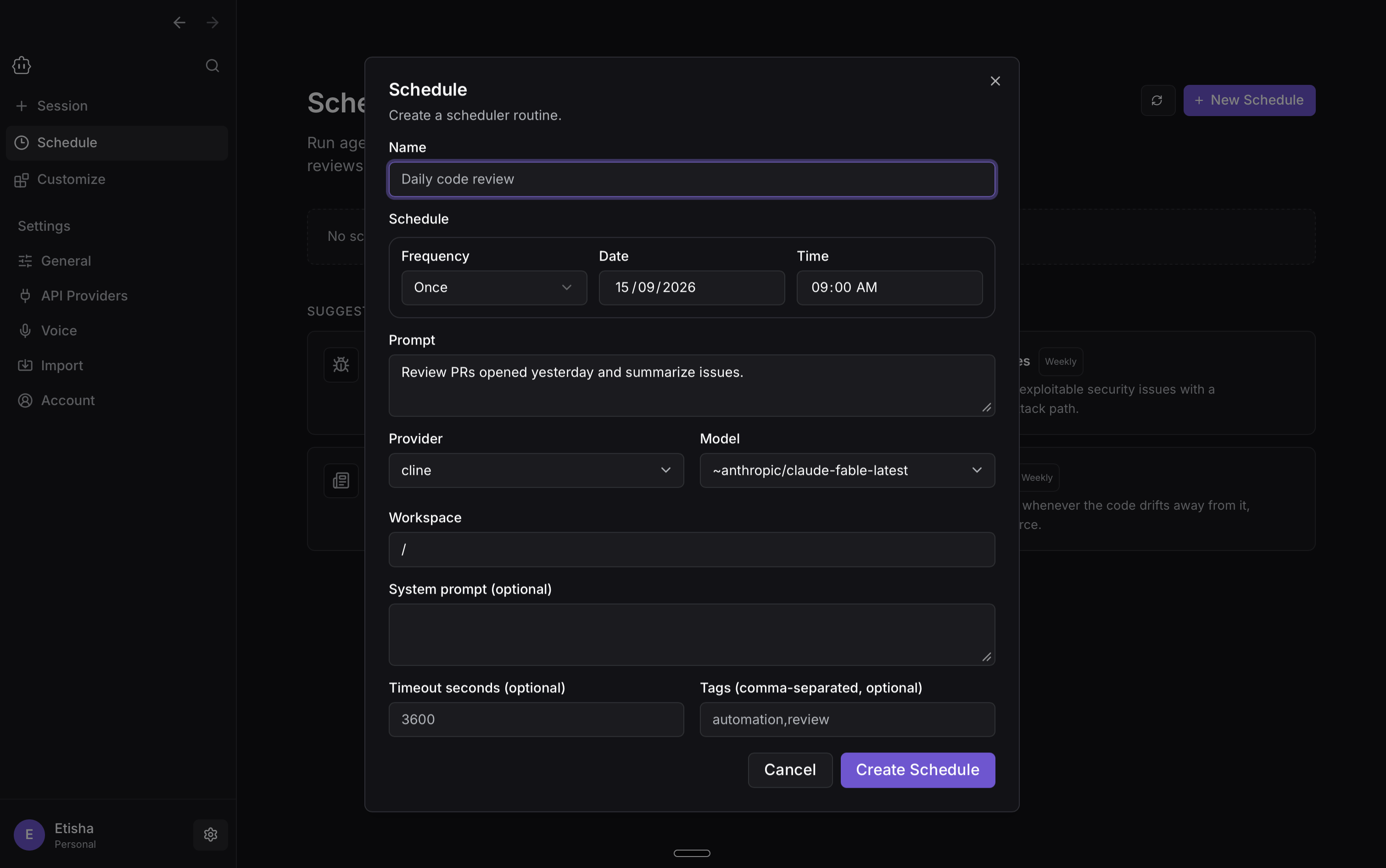 Cline Desktop schedule configuration showing timing, prompt, provider, model, workspace, and optional settings