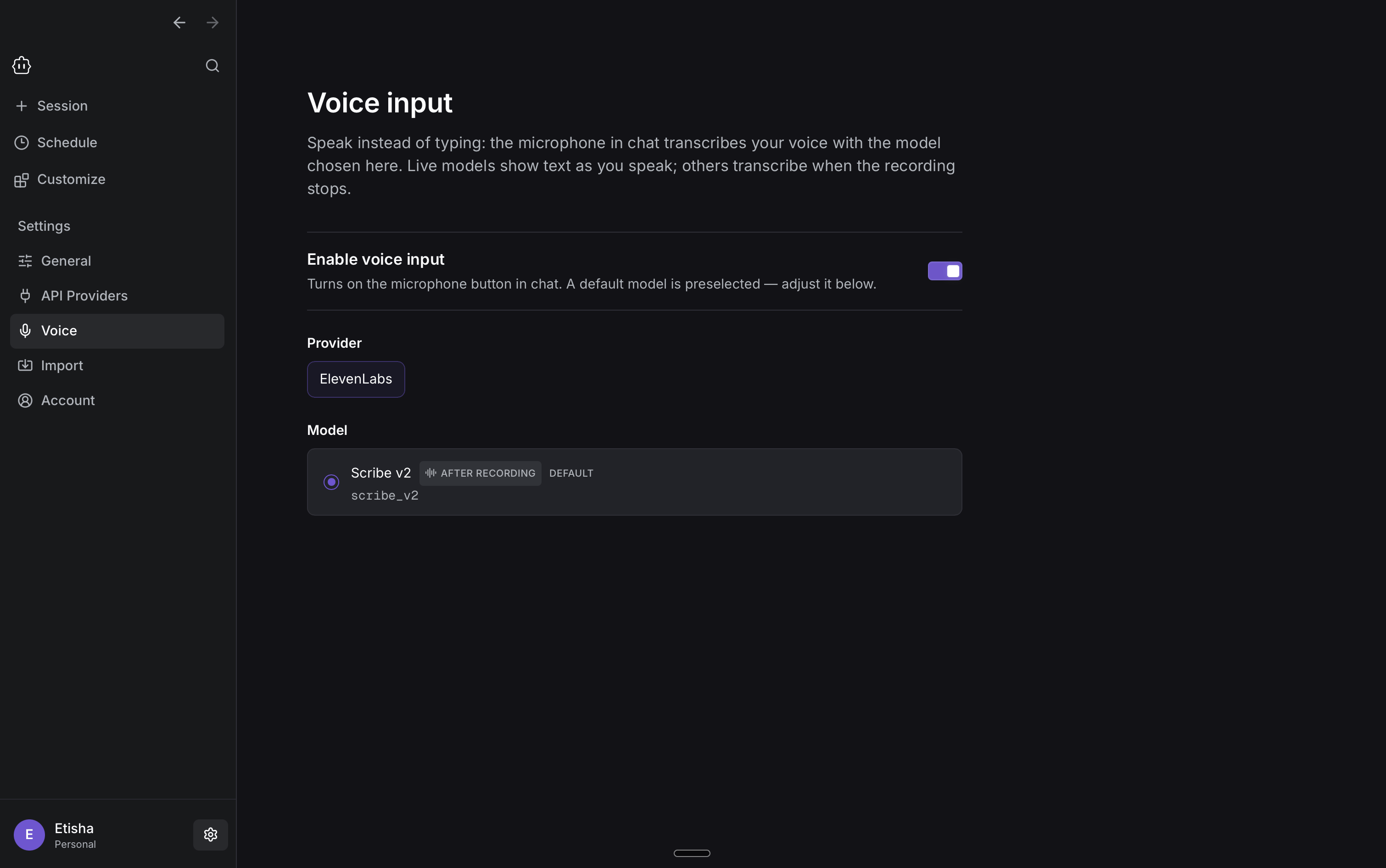 Cline Desktop Voice settings showing voice input enabled with a provider and transcription model selected