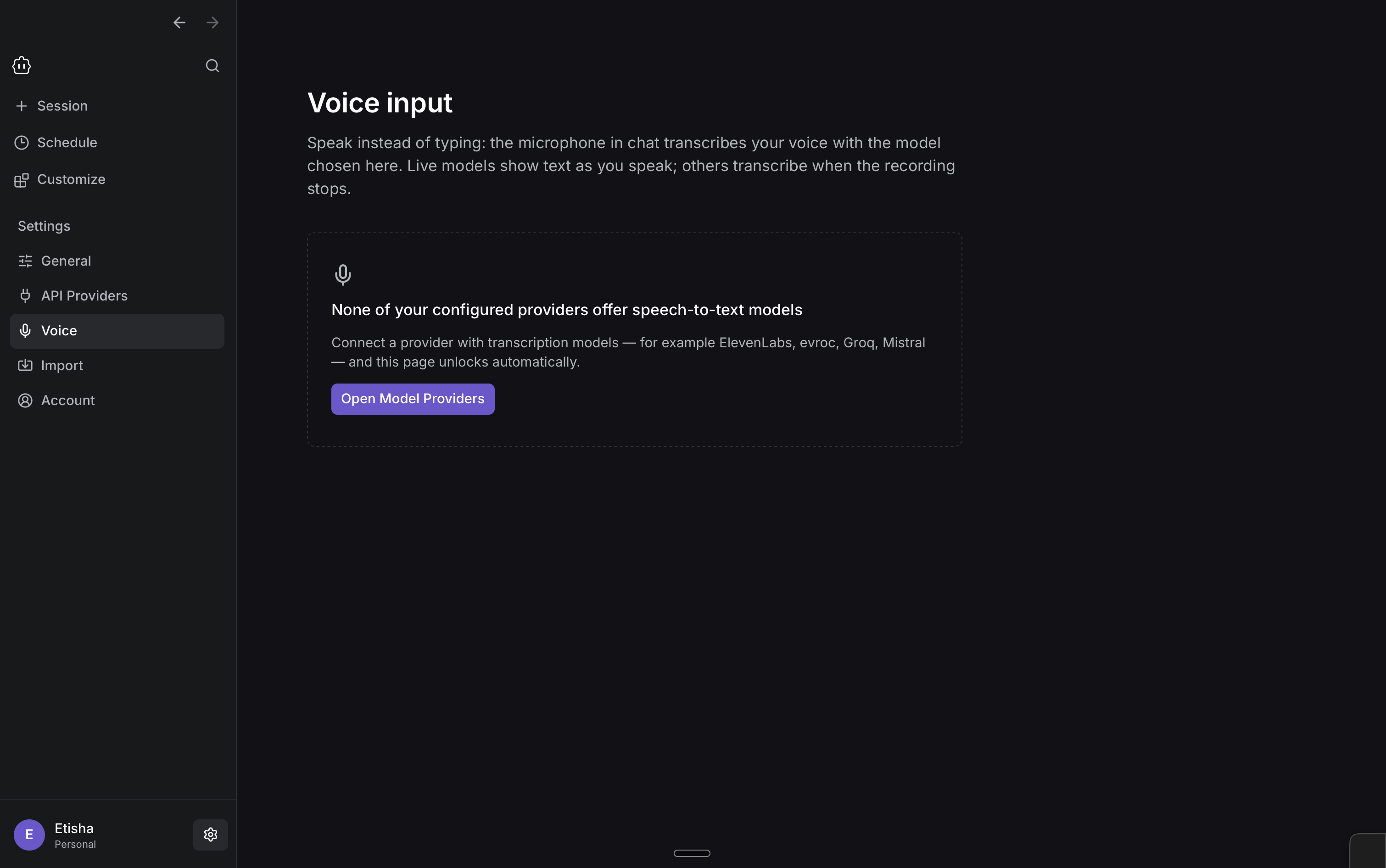 Cline Desktop Voice settings showing the Open Model Providers button
