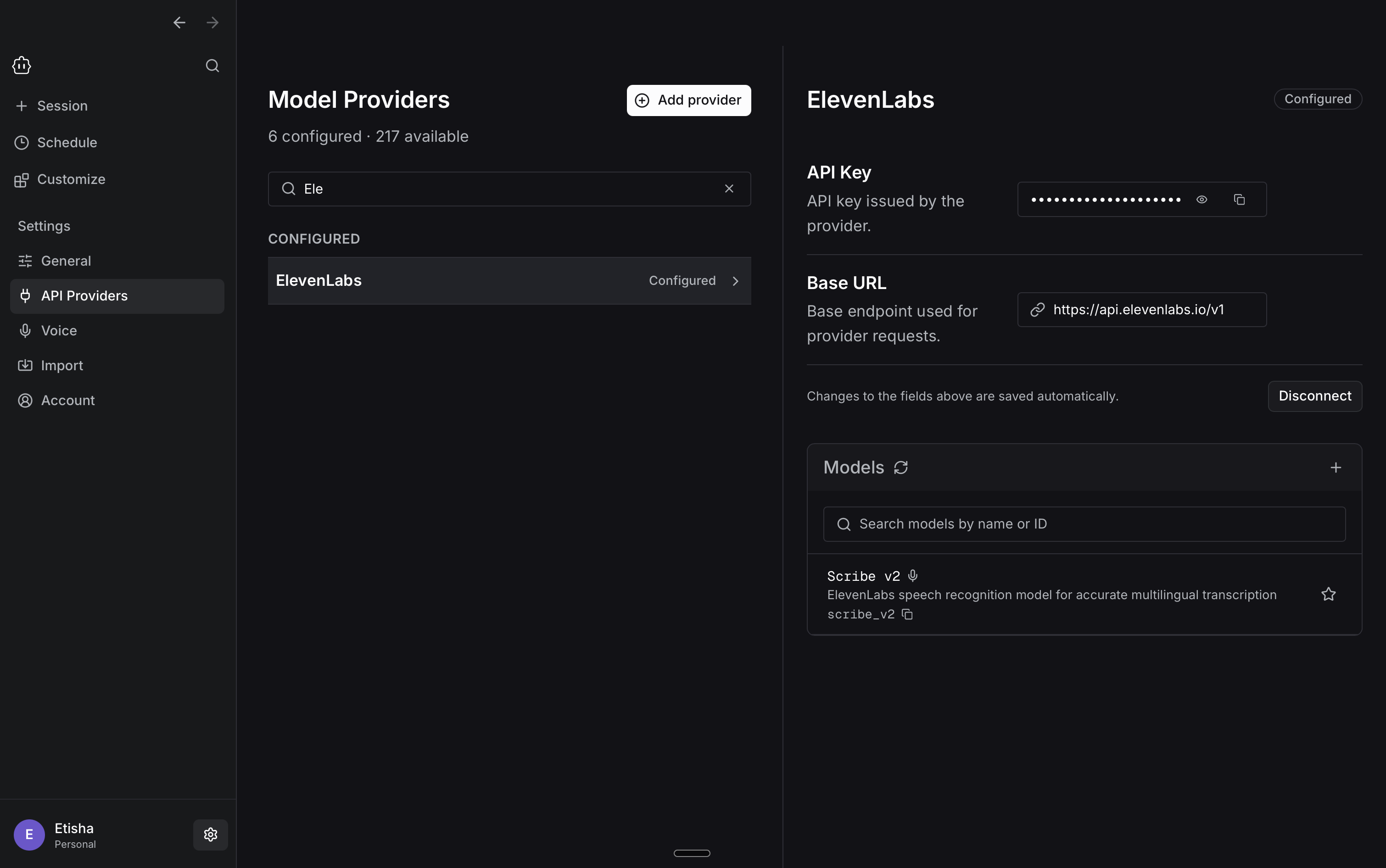 Cline Desktop API Providers settings showing a transcription provider being configured