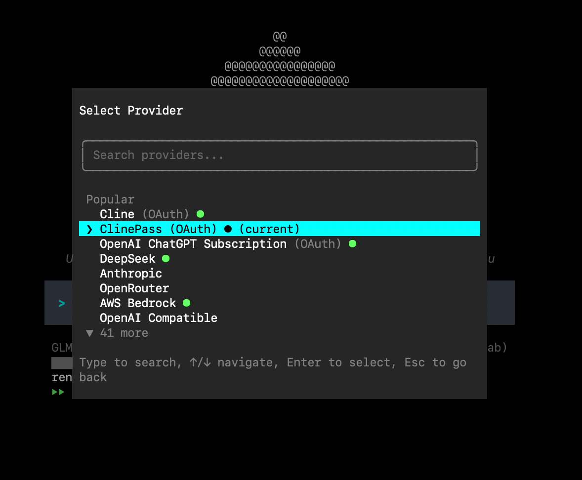 Cline CLI settings showing ClinePass selected as the provider