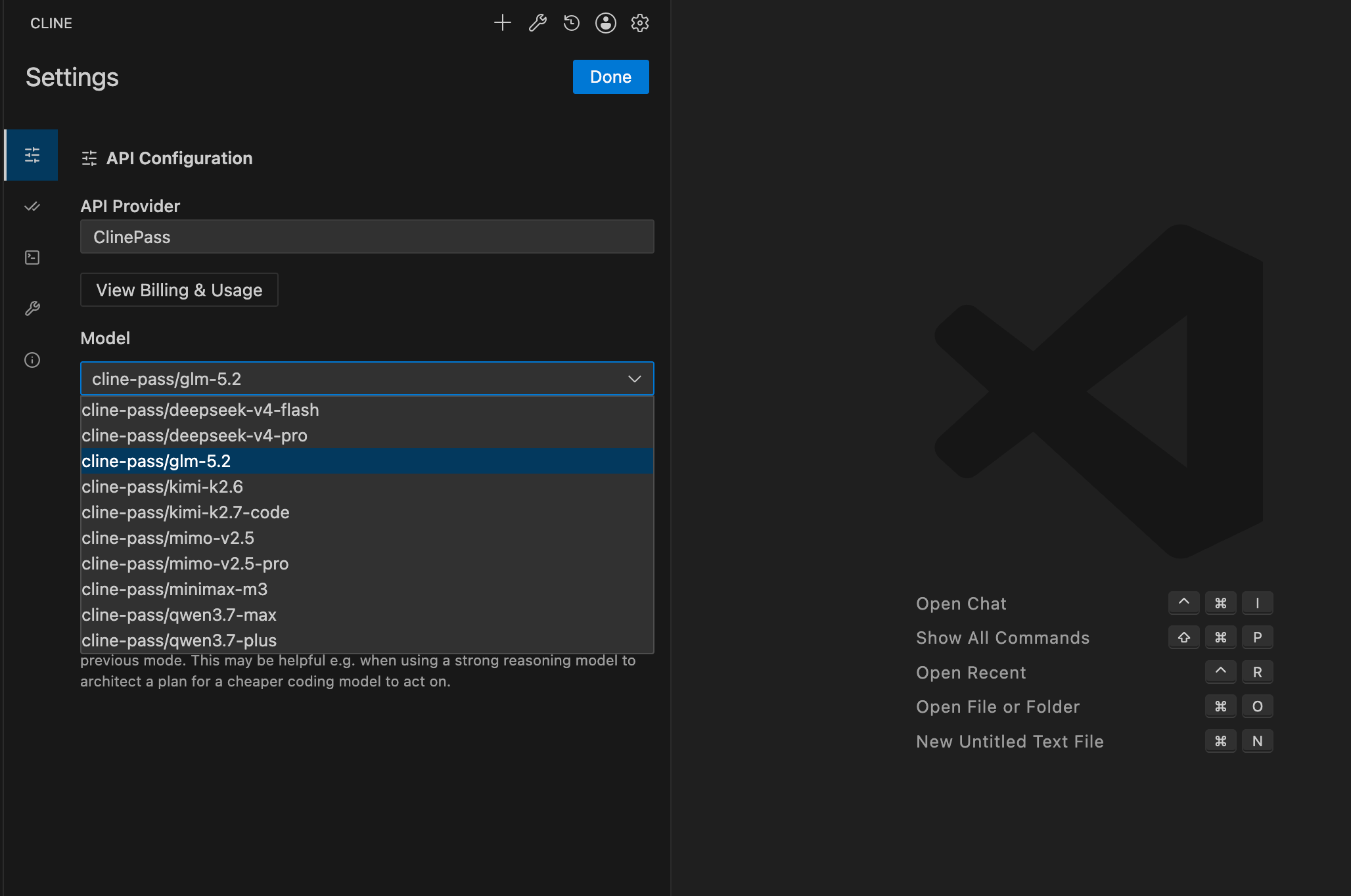 Cline IDE extension settings with ClinePass selected as the API Provider