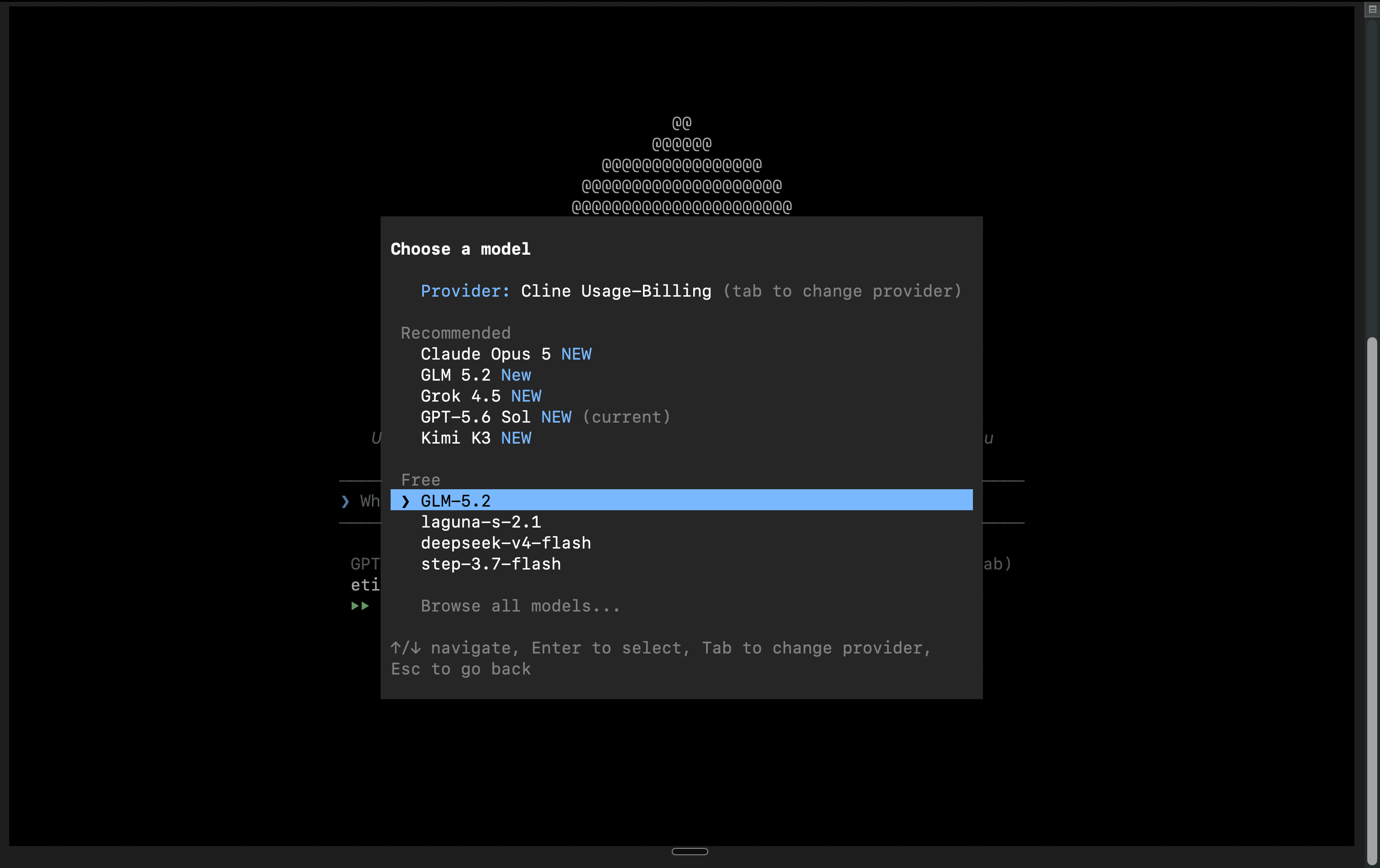 Free models listed under the Cline provider in the Cline CLI