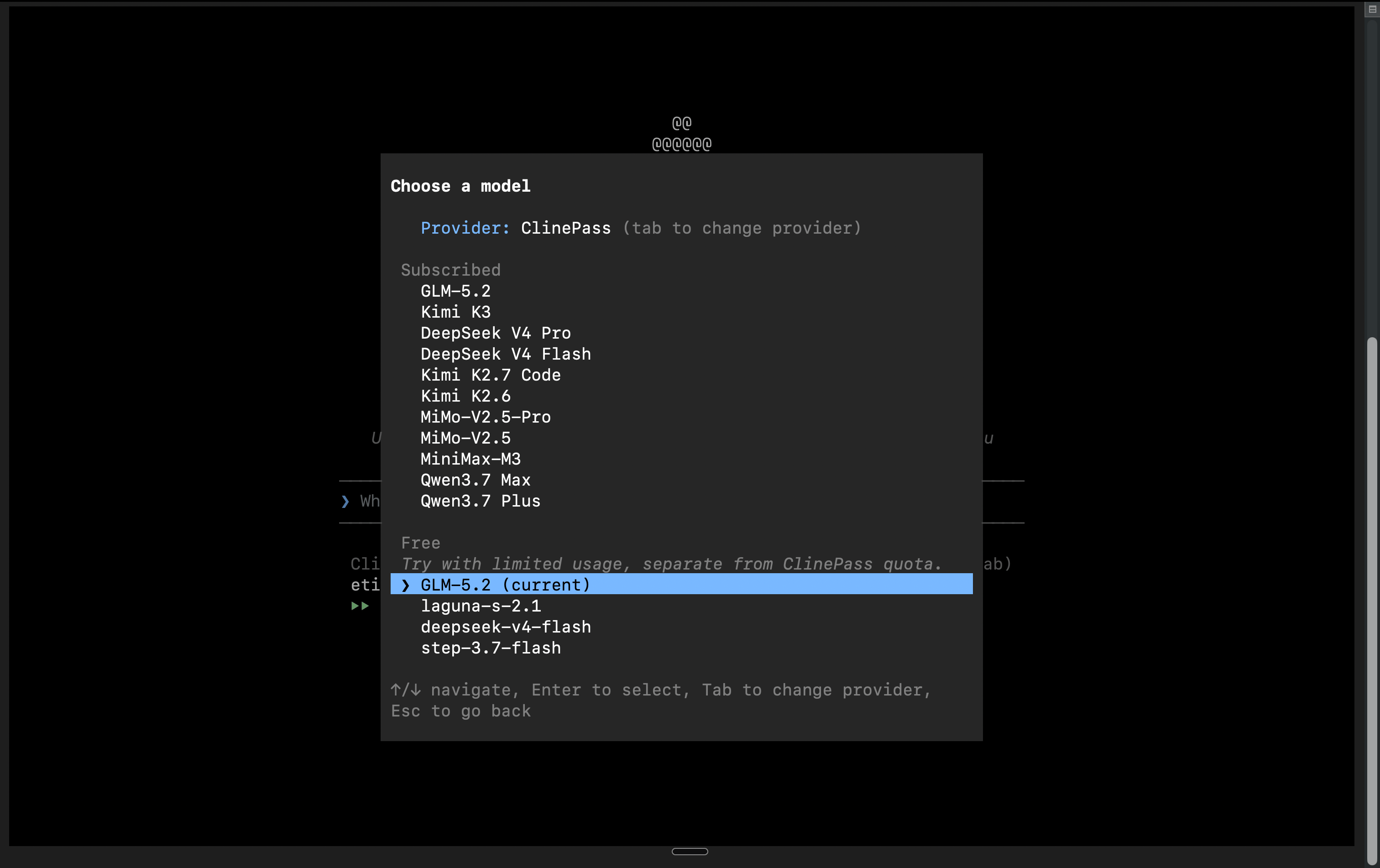 Free models listed under the ClinePass provider in the Cline CLI