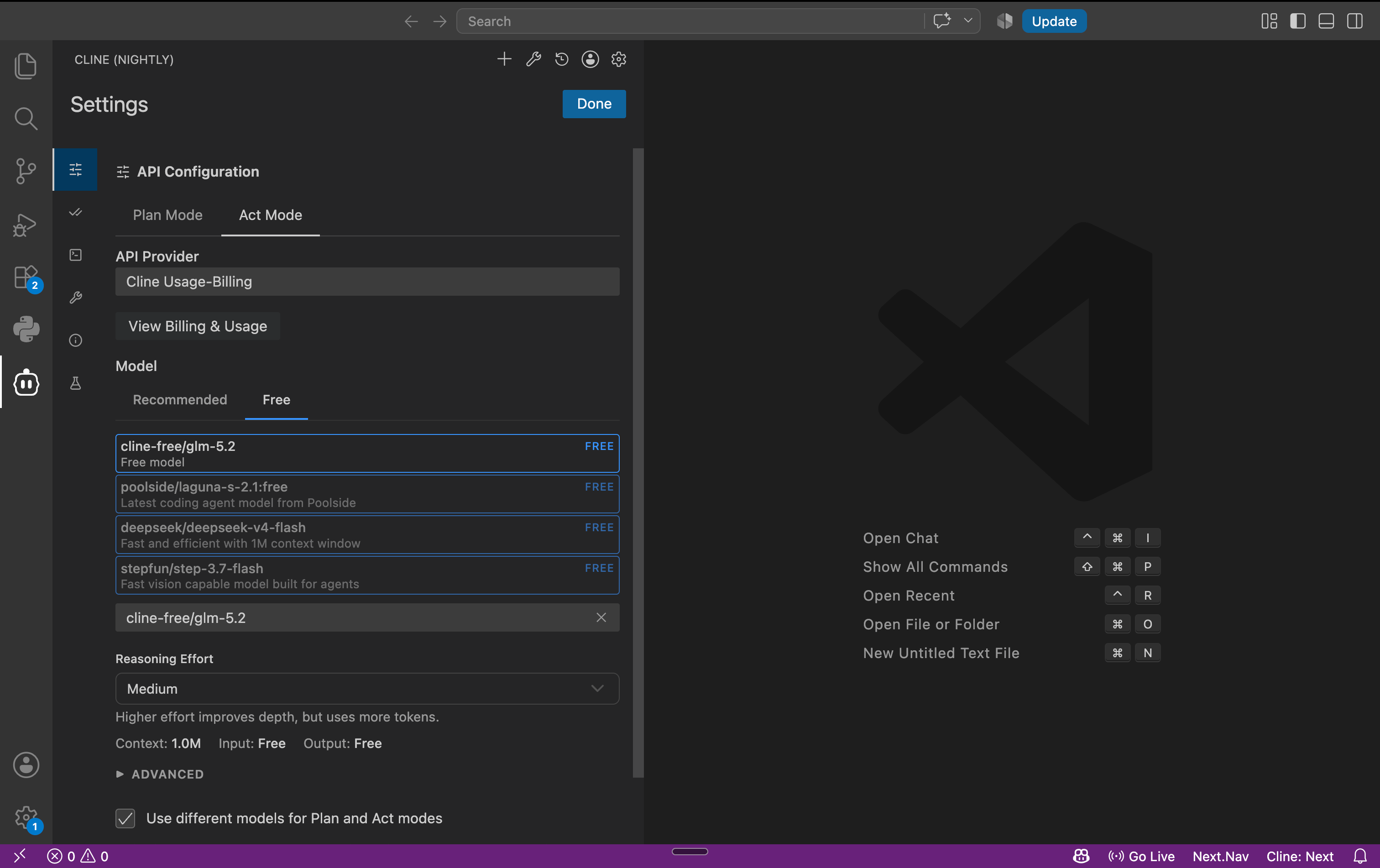 Free models listed under the Cline provider in VS Code