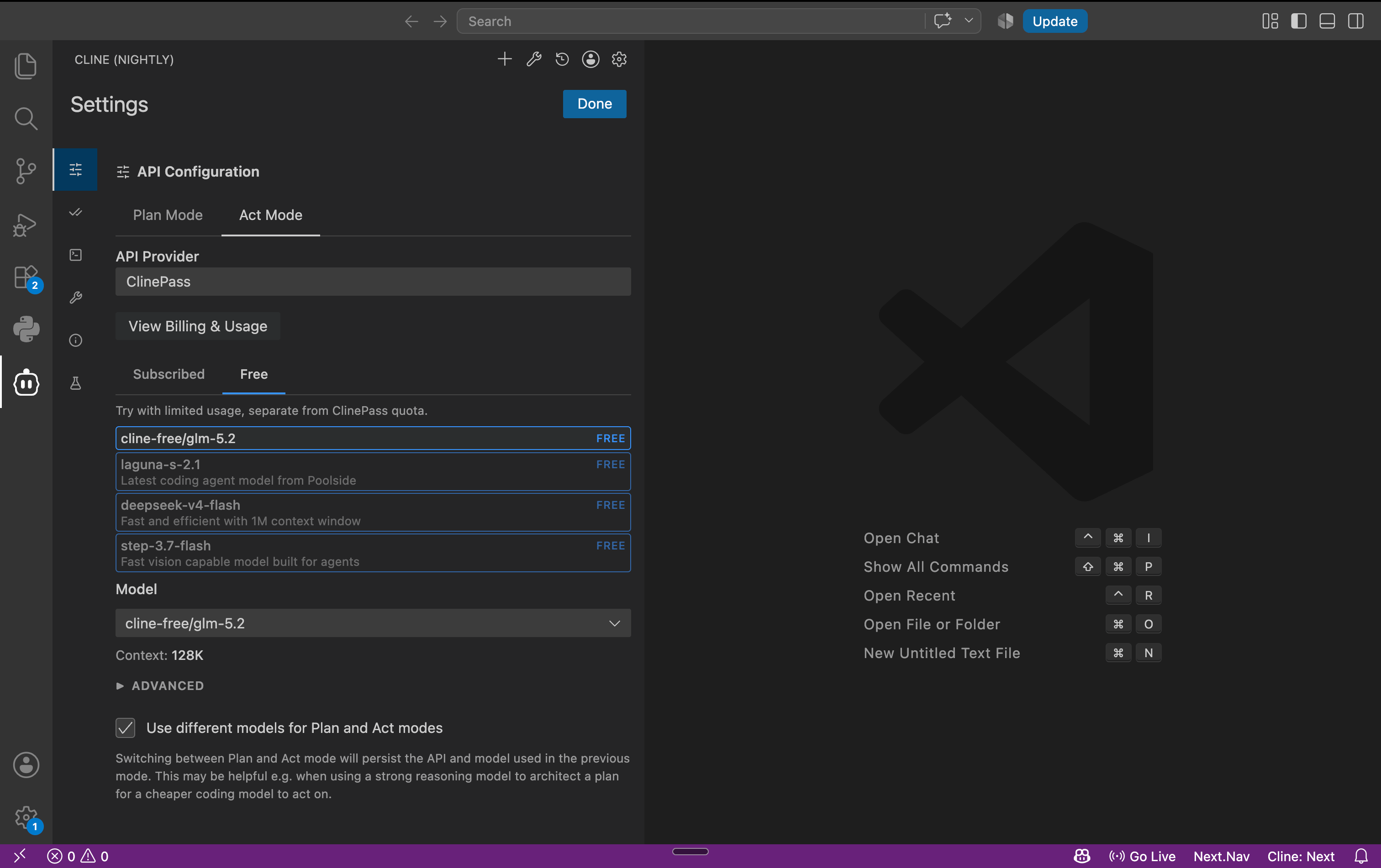 Free models listed under the ClinePass provider in VS Code