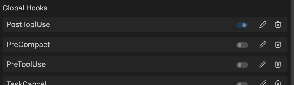 Hook management controls showing toggle, edit, and delete buttons for each hook