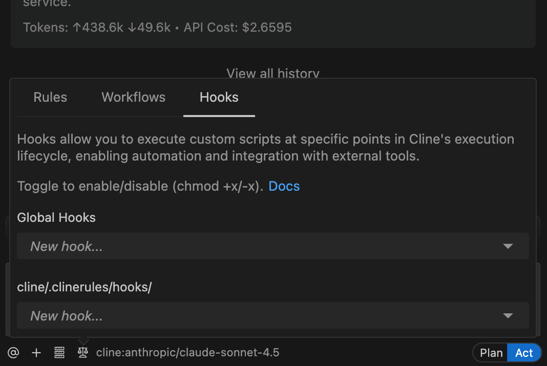 Empty hooks interface showing New hook... dropdowns for both Global Hooks and project-specific hooks before any hooks are created