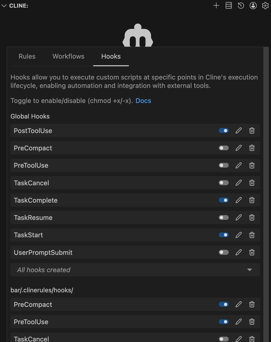 Hooks management interface showing Global Hooks and project-specific hooks with dropdown menu