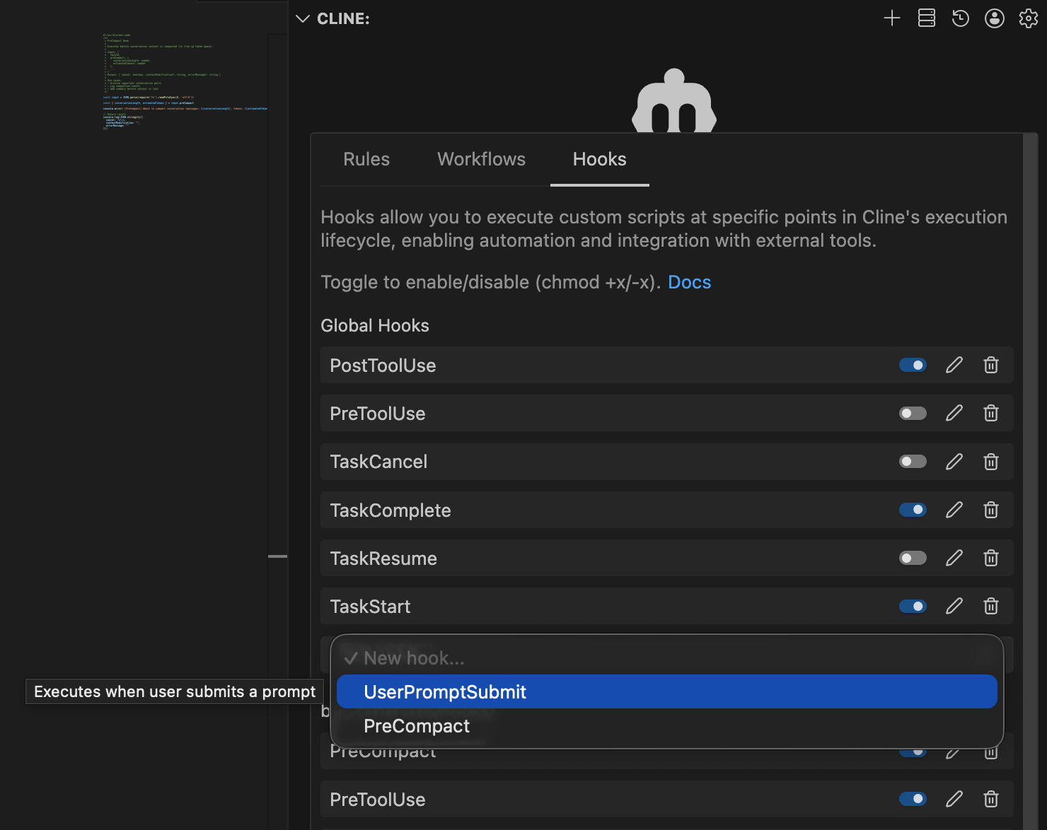 Creating a new hook with the dropdown menu showing UserPromptSubmit selected with description