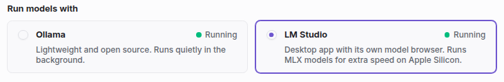 Run models with, showing Ollama and LM Studio both running, with LM Studio selected