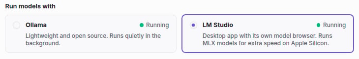 Run models with, showing Ollama and LM Studio both running, with LM Studio selected